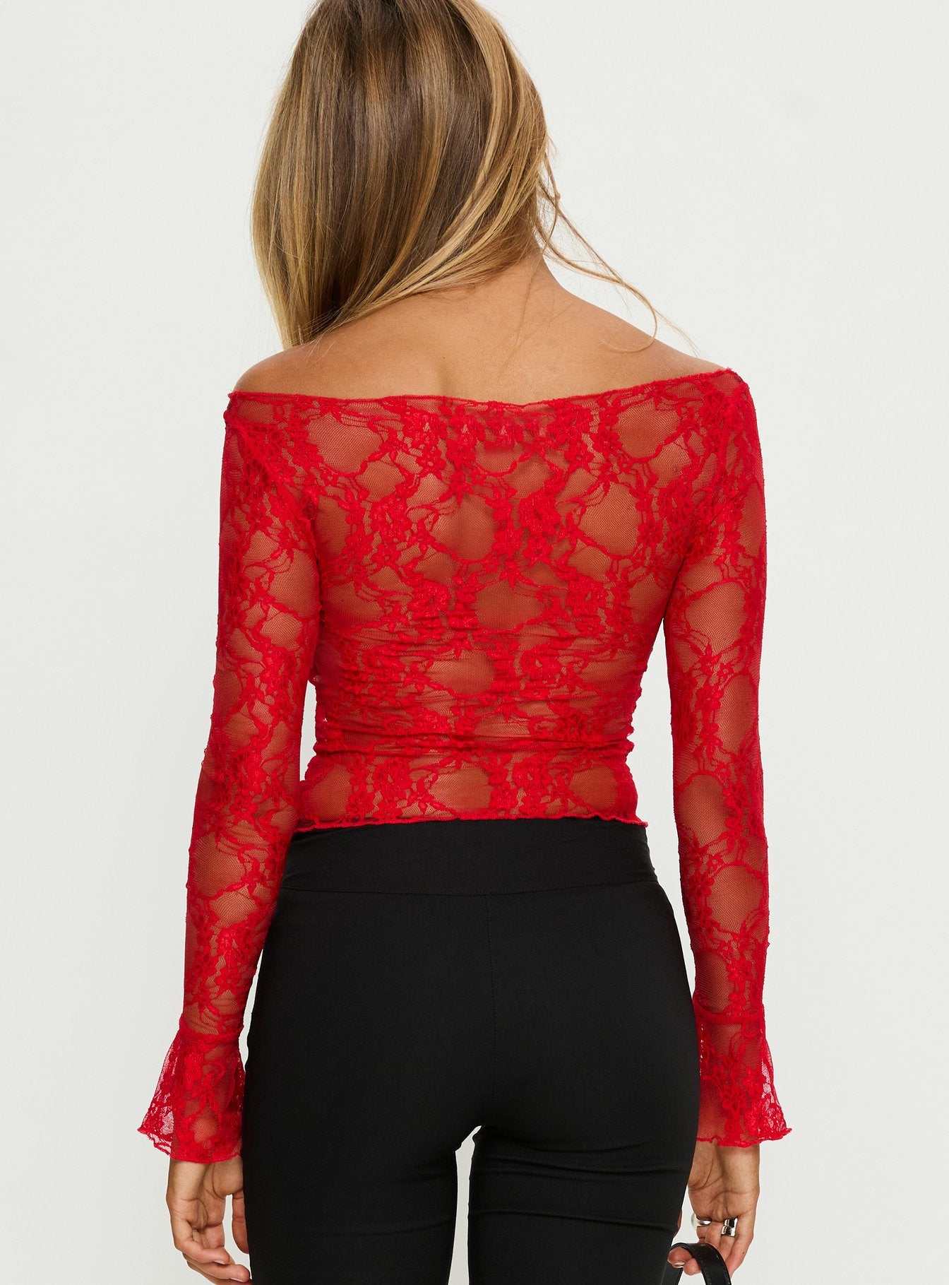 Junah Sheer Lace Long Sleeve Top Red - Image 4