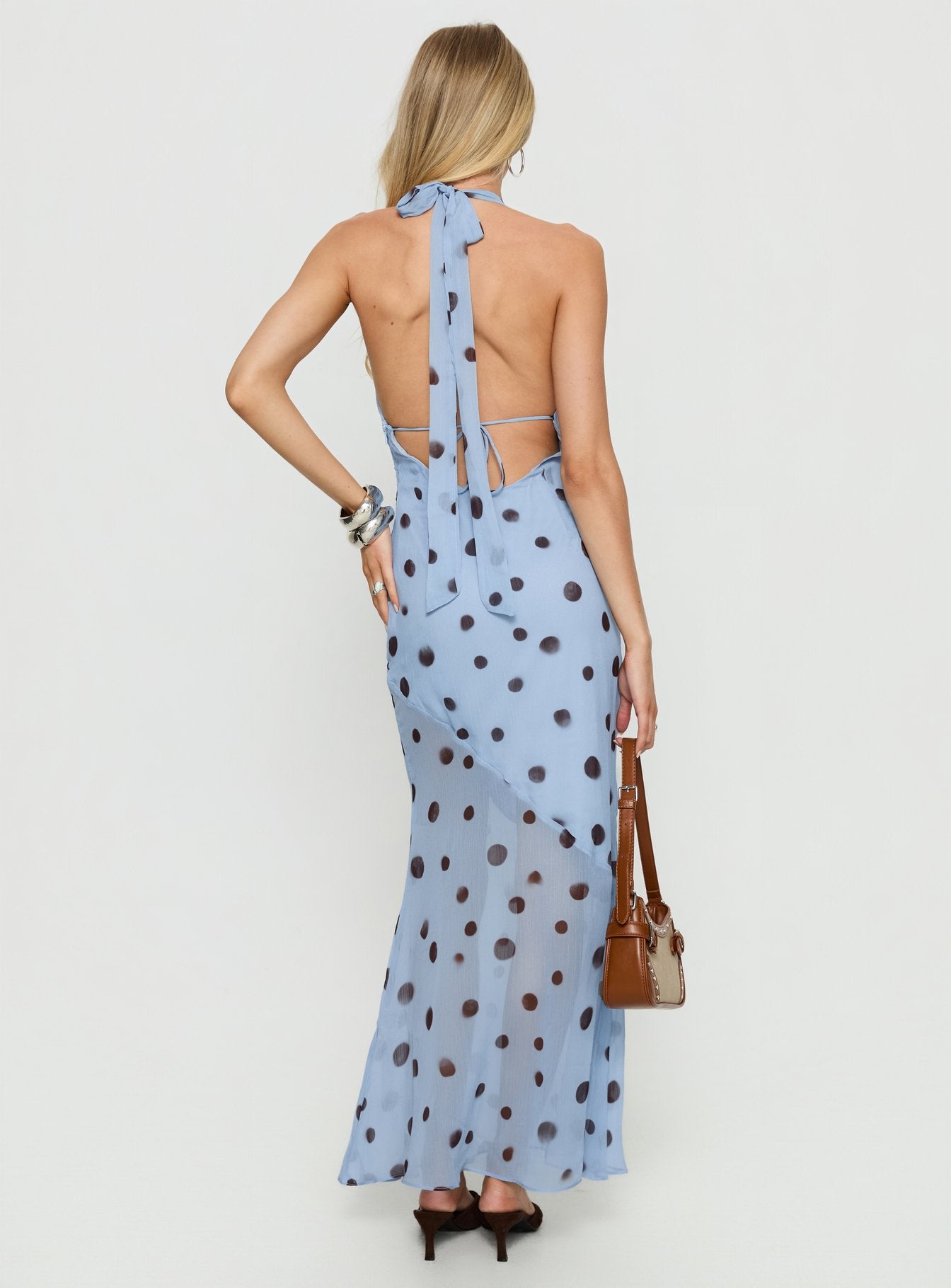 Oralee Halter Sheer Maxi Dress Blue Polka Dot - Image 5
