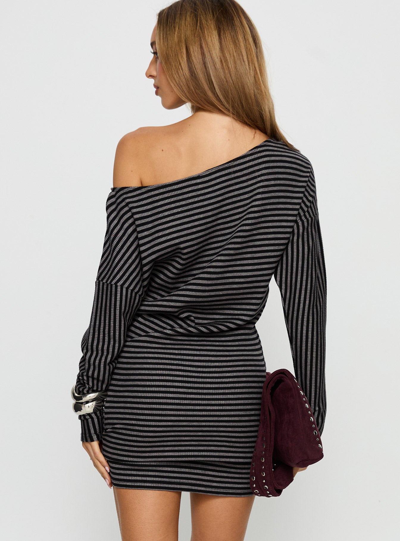Alayne Long Sleeve Knit Mini Dress Black Grey Stripe - Image 5