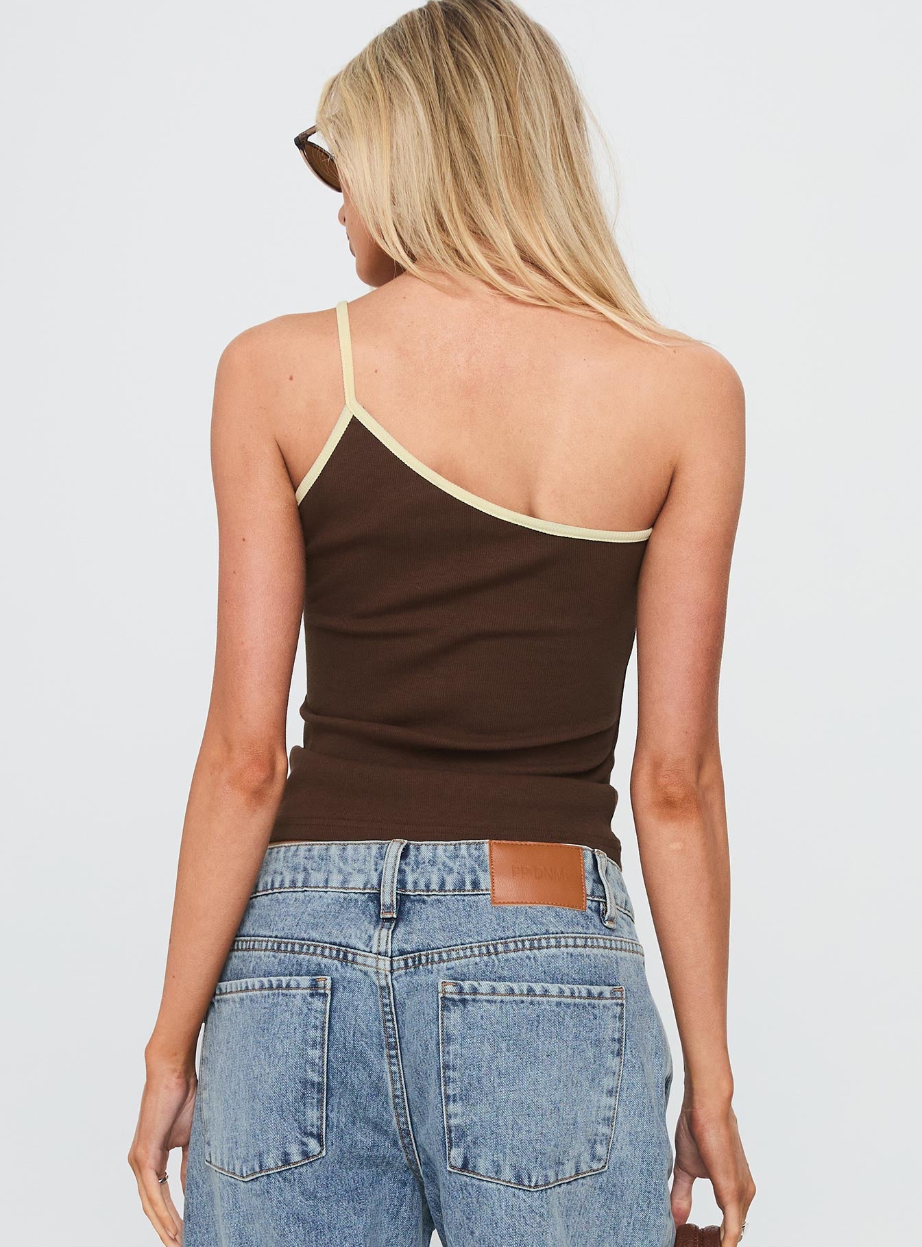 Hold It Down One Shoulder Contrast Top Chocolate Yellow - Image 5