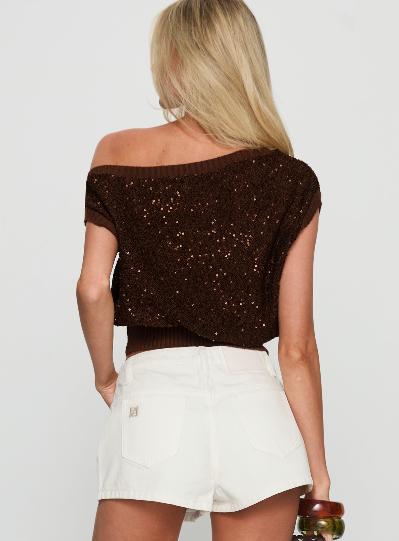 Marysa Sequin Knit Blouson Top Brown - Image 5