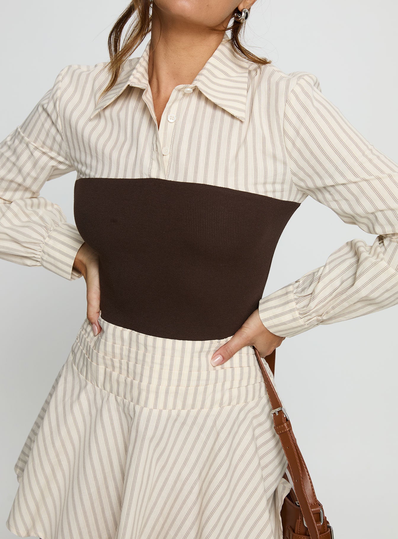 Belva Long Sleeve Corset Shirt Mini Dress Brown Stripe - Image 6