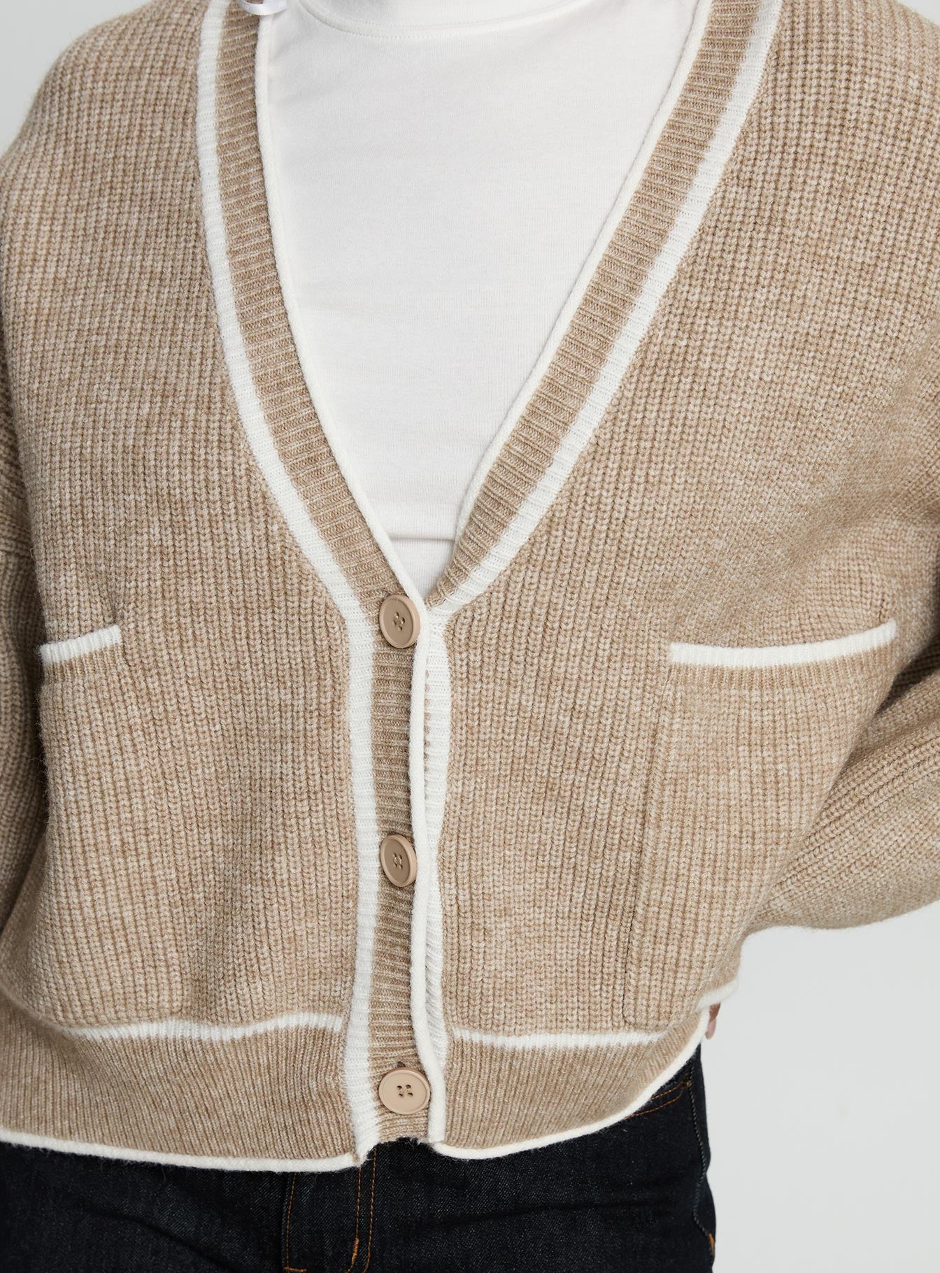 Cressara Contrast Knit Cardigan Beige White - Image 6