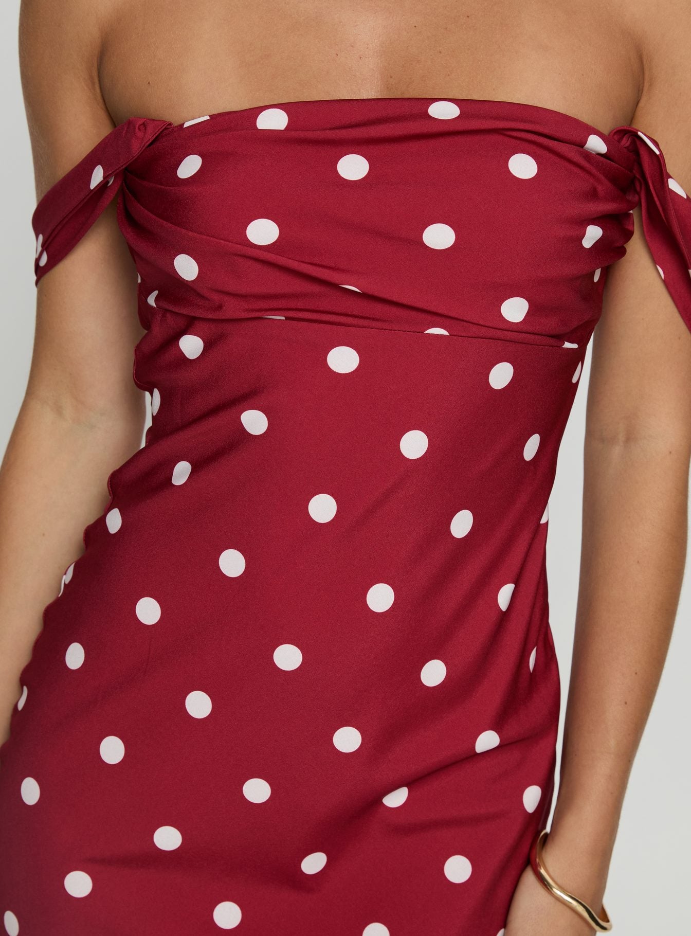 End Credits Off Shoulder Pleat Maxi Dress Red Polka Dot - Image 5
