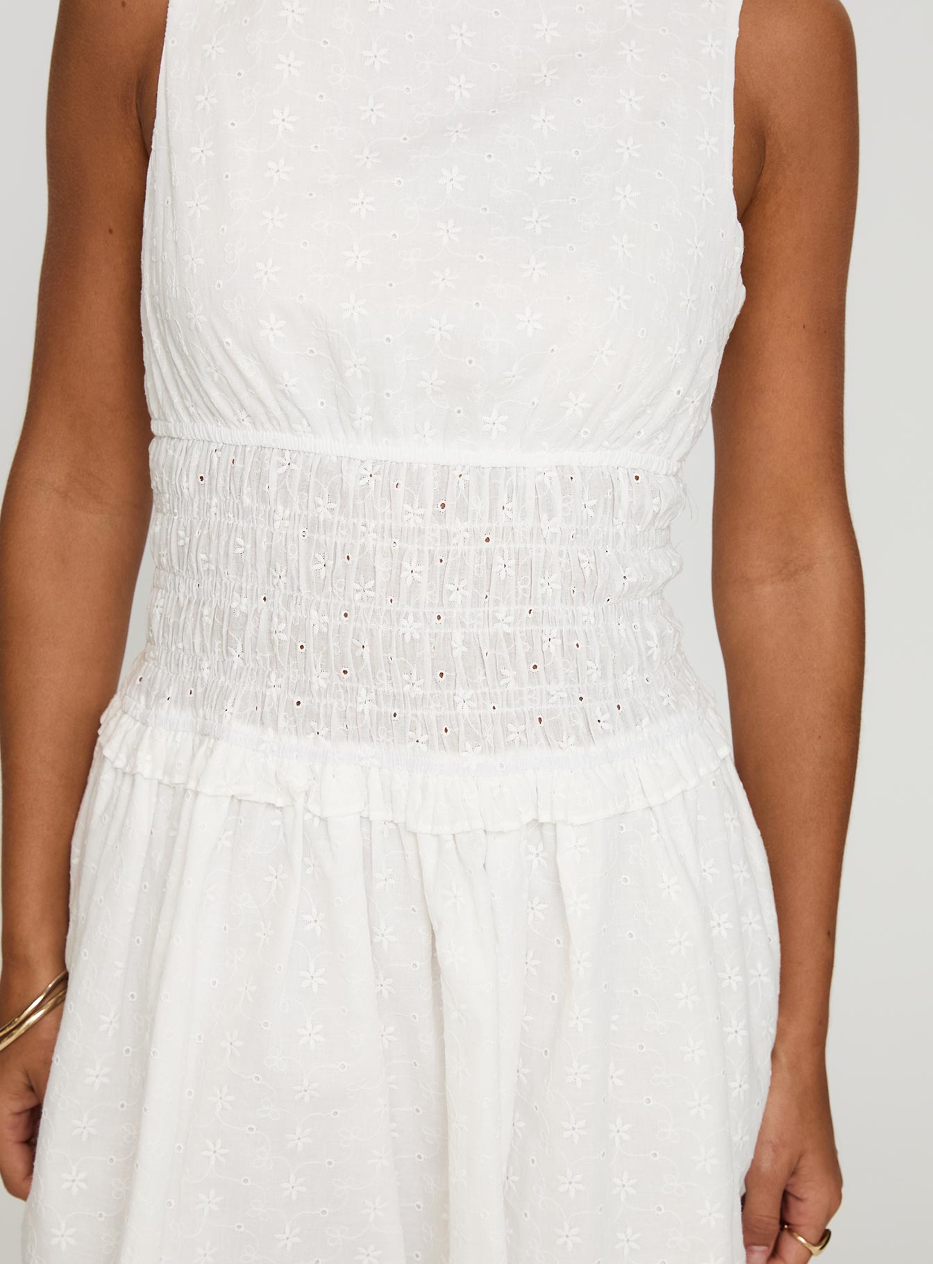 Yennifer Shirred Broiderie Mini Dress White - Image 6