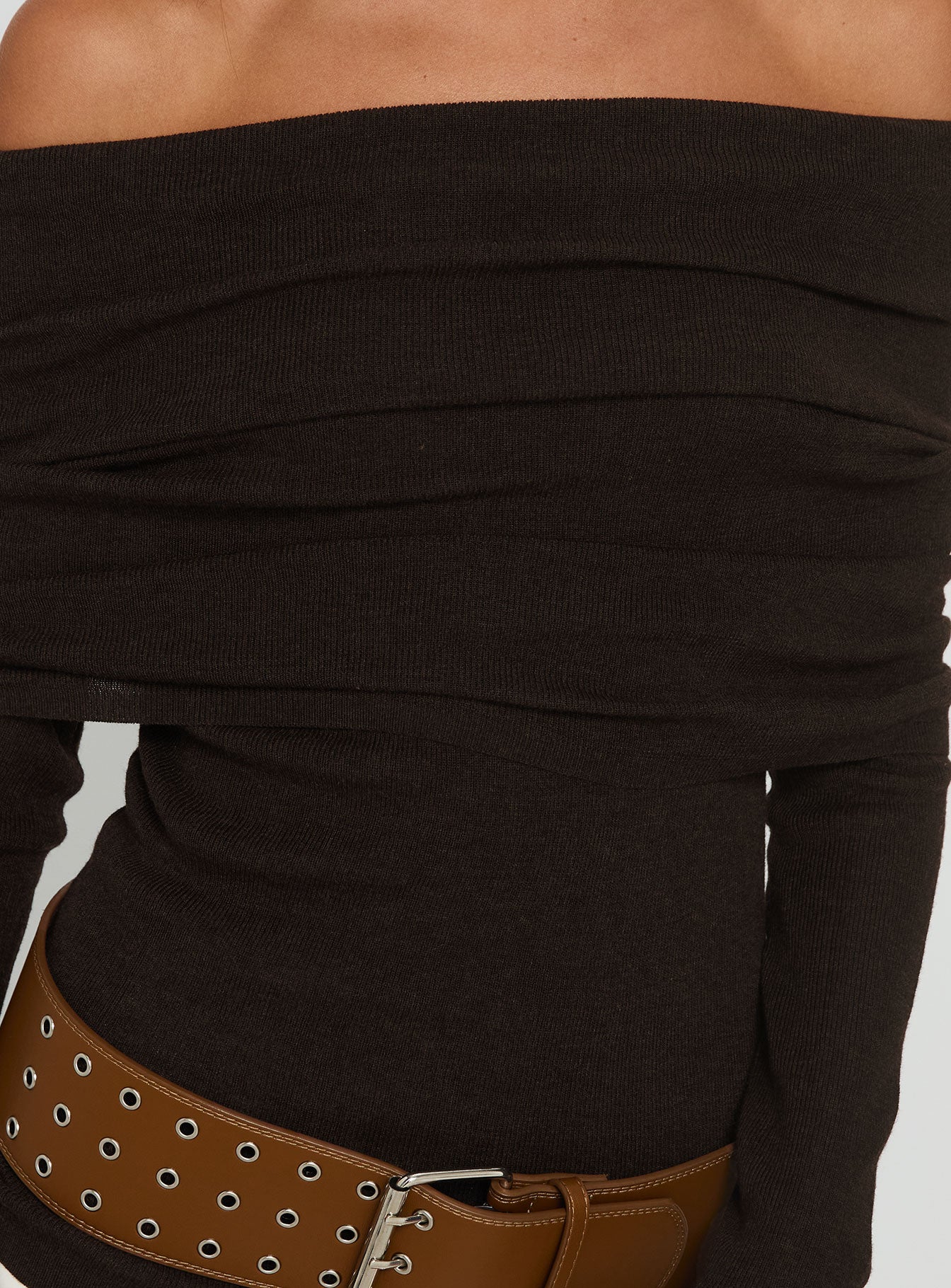 Florrie Off Shoulder Foldover Long Sleeve Top Chocolate - Image 5