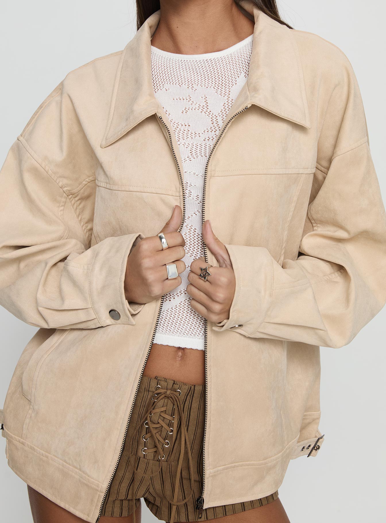 Goldsmith Faux Suede Bomber Jacket Beige - Image 6
