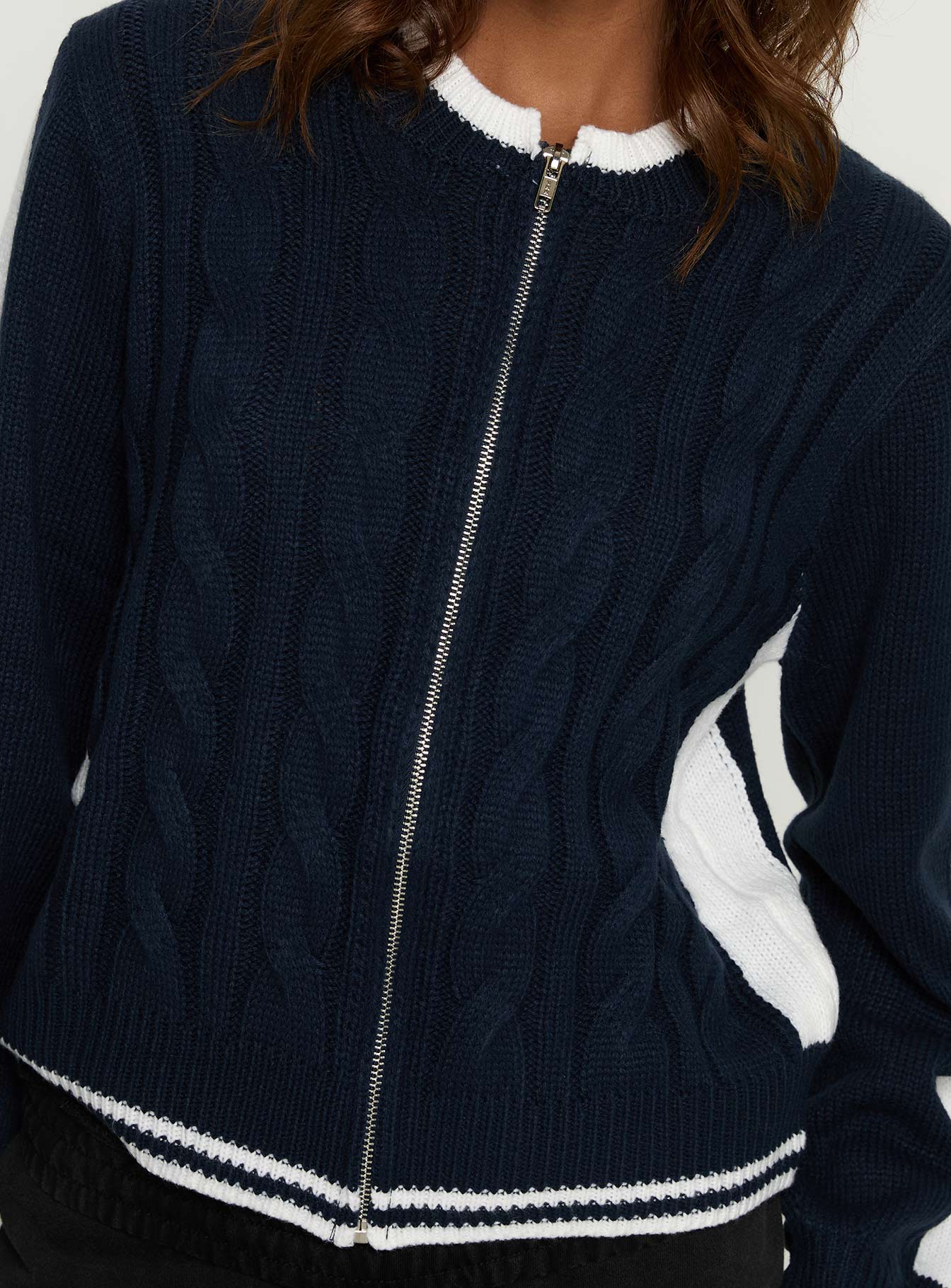 Tevyn Cable Knit Zip Through Knit Sweater Blue Cream - Image 5