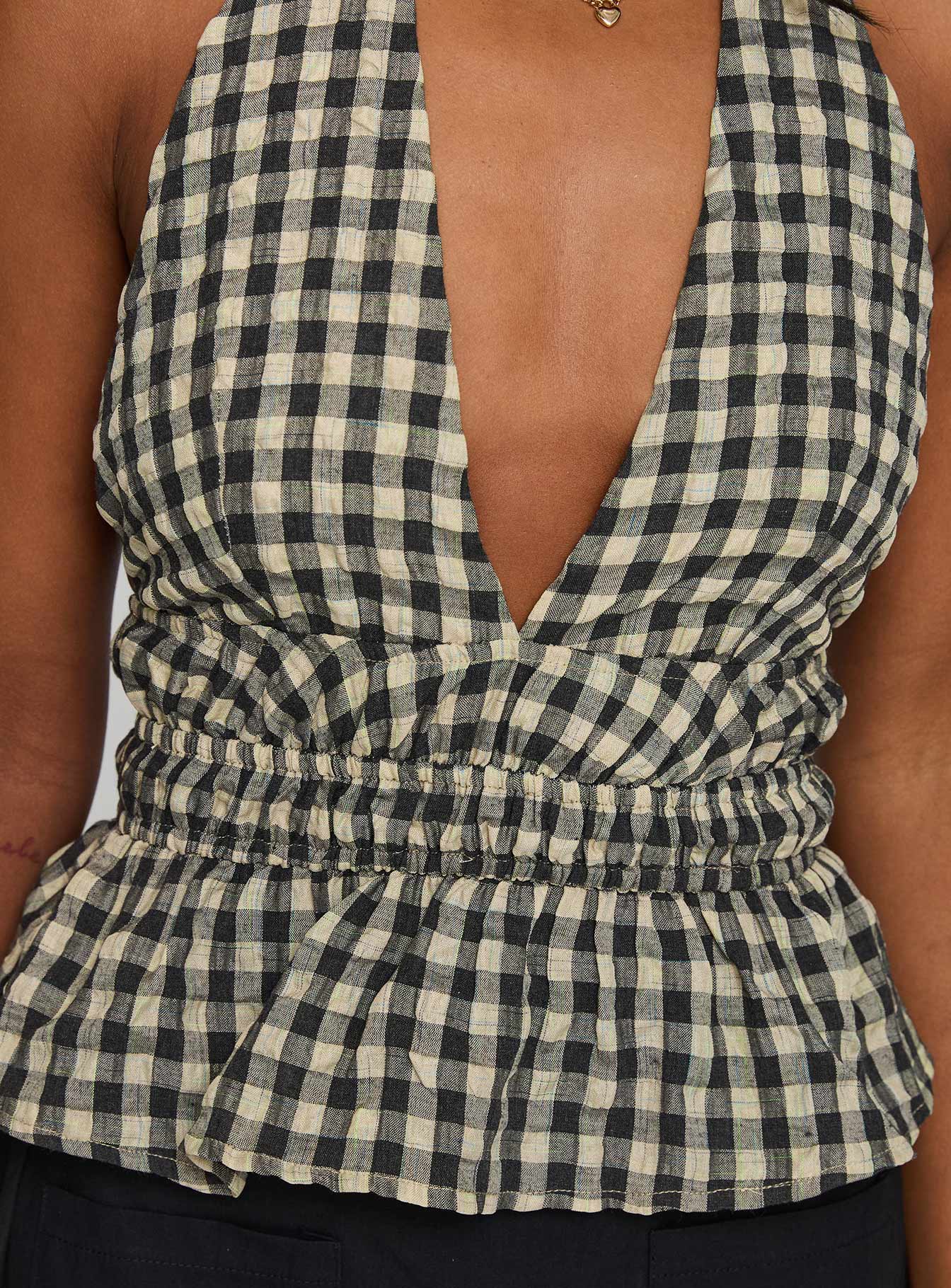 Perpetua Halter Neck Top Brown Black Check - Image 6