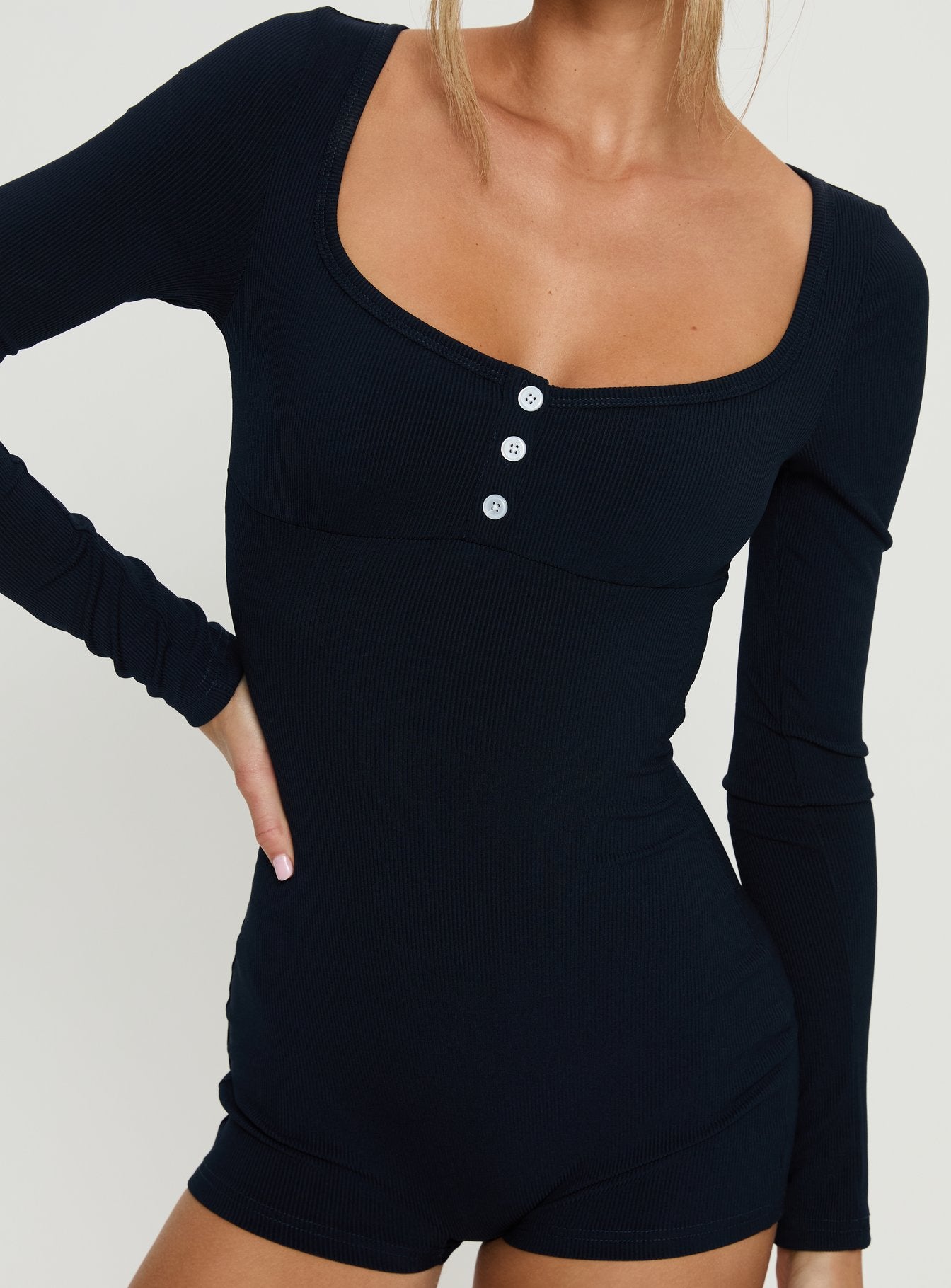Snoozy Sleep Button Up Rib Playsuit Navy - Image 6