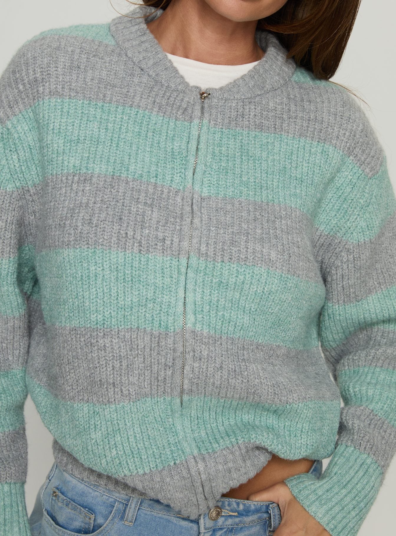 Queena Zip Through Knit Sweater Grey Blue Stripe - Image 6