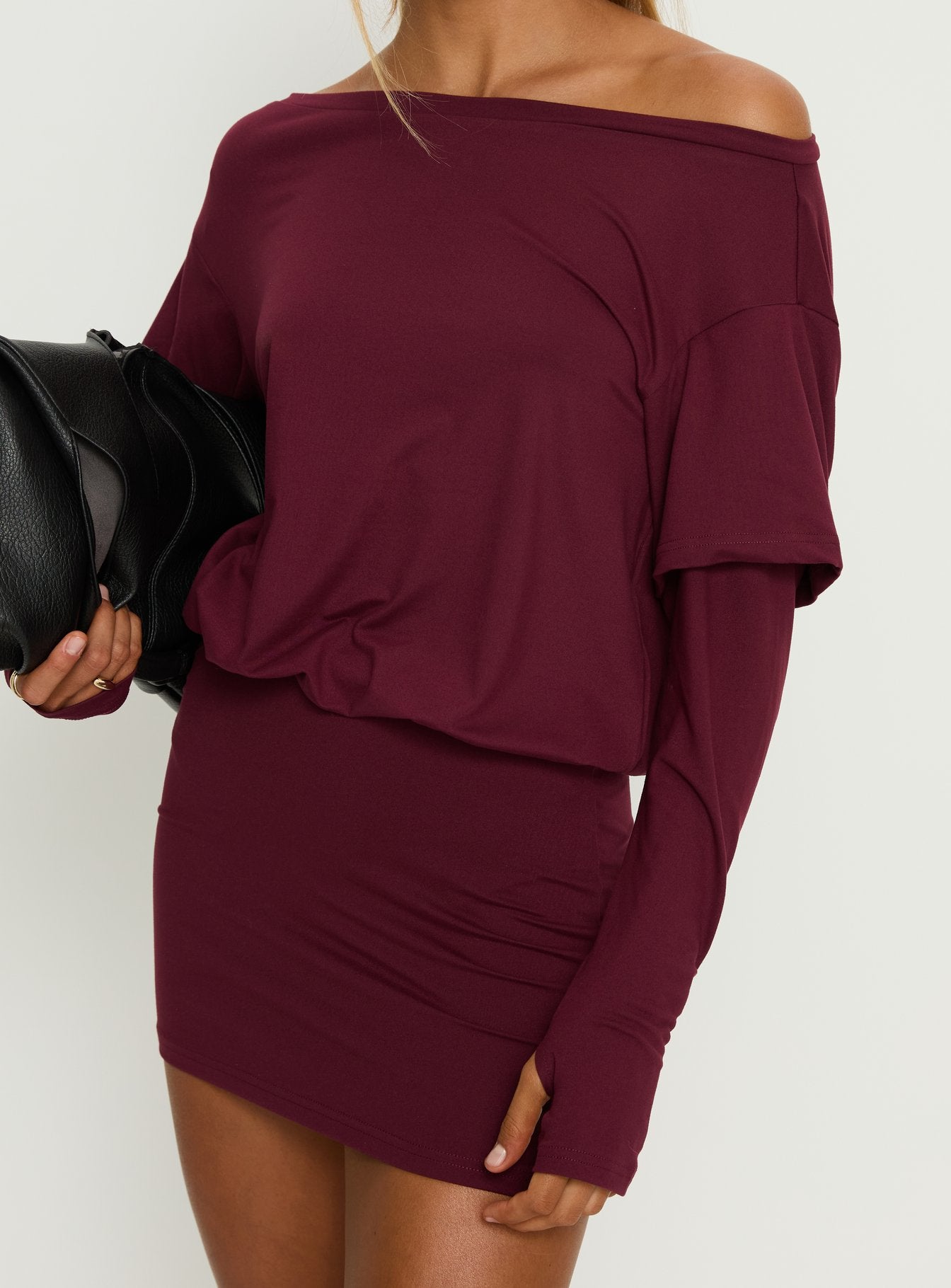 Jesselyn Long Sleeve Off Shoulder Mini Dress Burgundy - Image 6