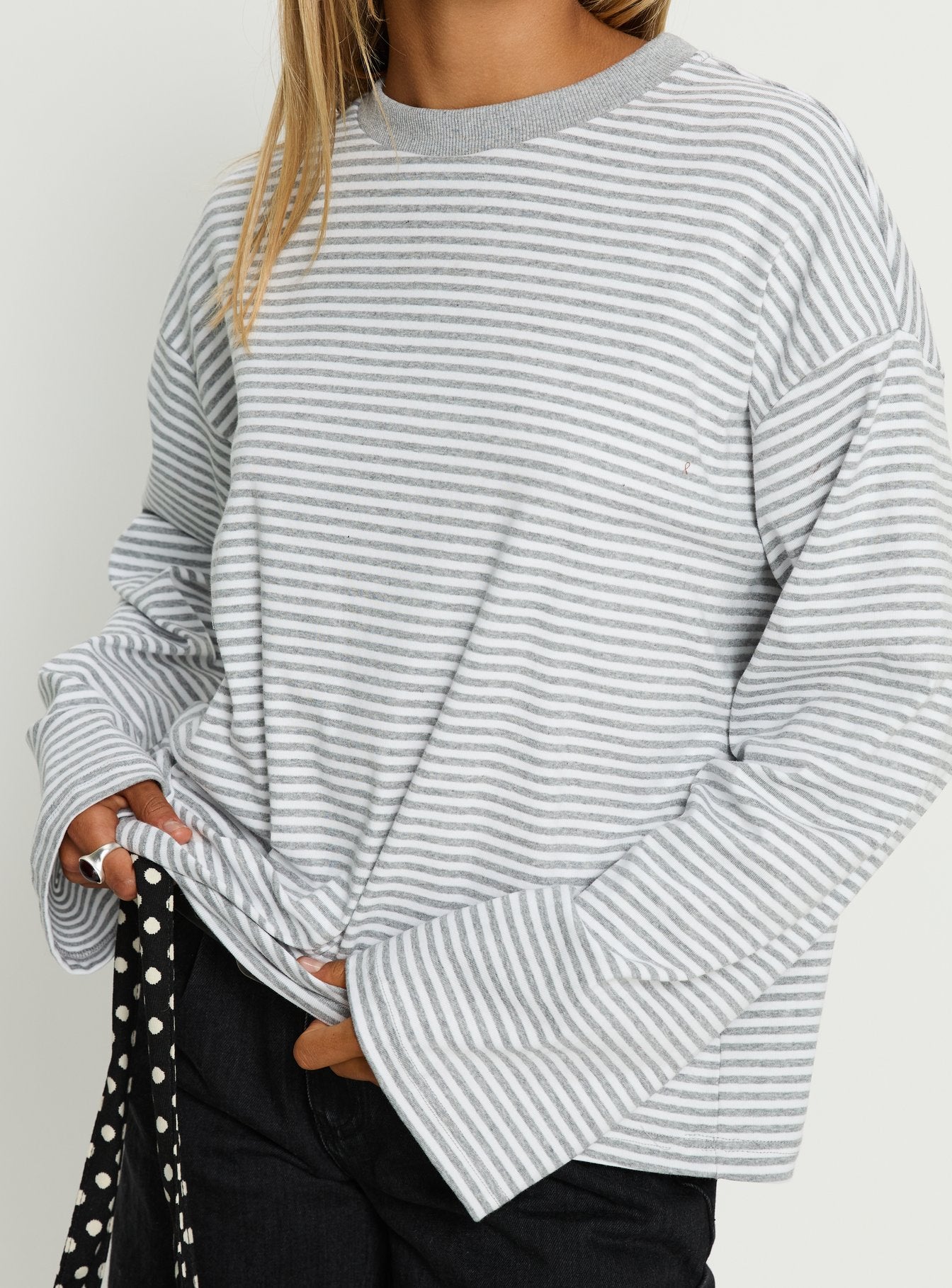 Settle Down Long Sleeve Top Grey White Stripe - Image 6