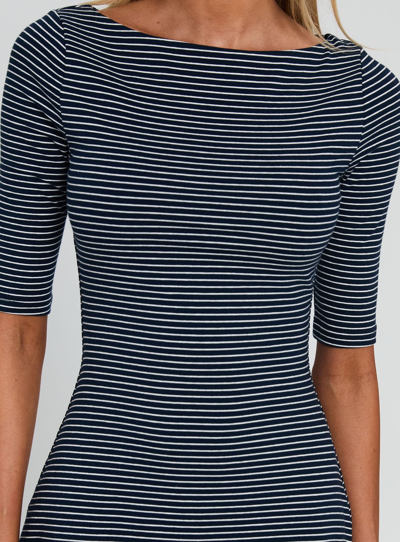 Evyna Boat Neck 34 Sleeve Mini Dress Navy Stripe - Image 6