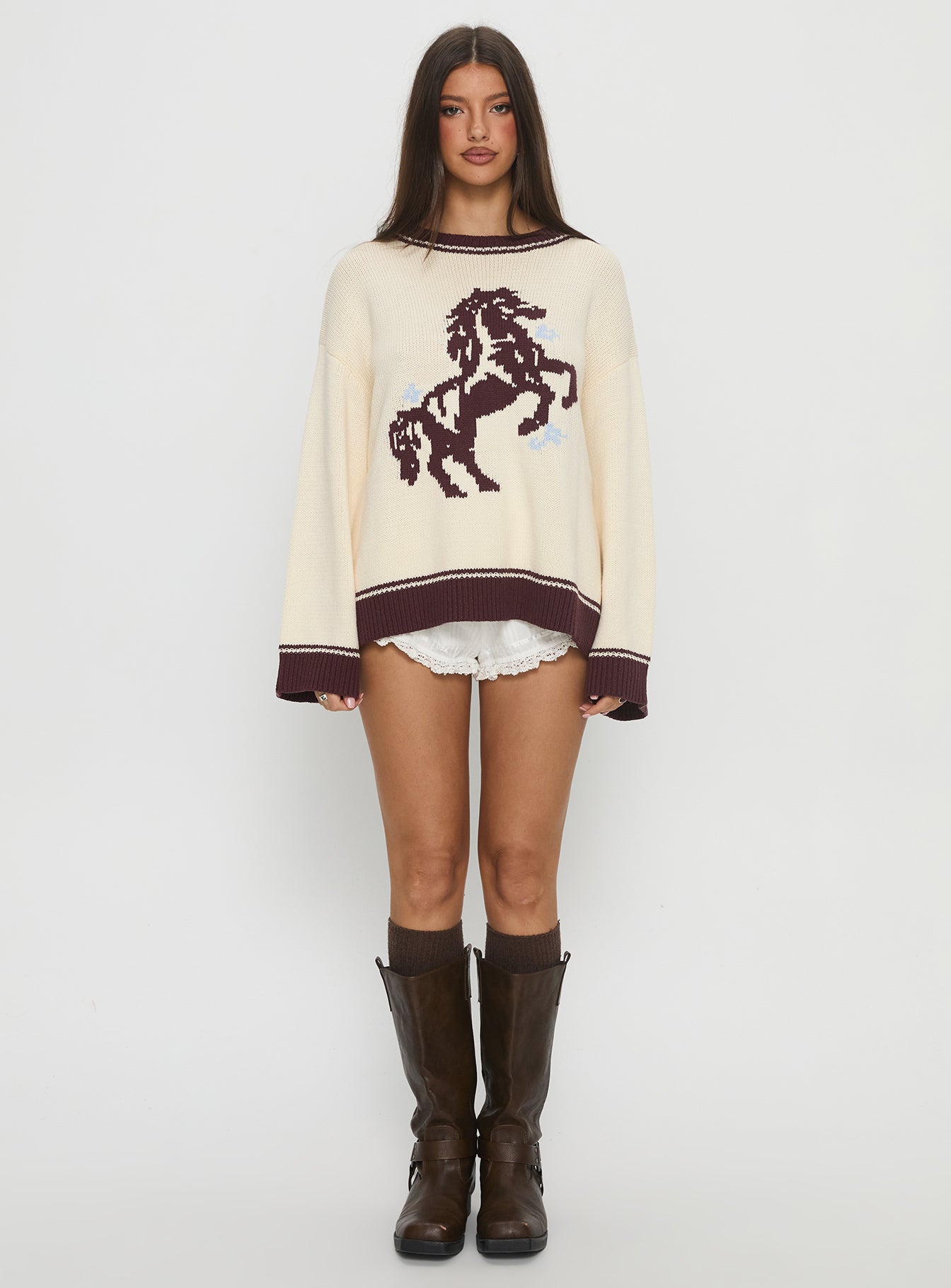 Rhianonn Horse Graphic Knit Sweater Cream Brown - Image 7