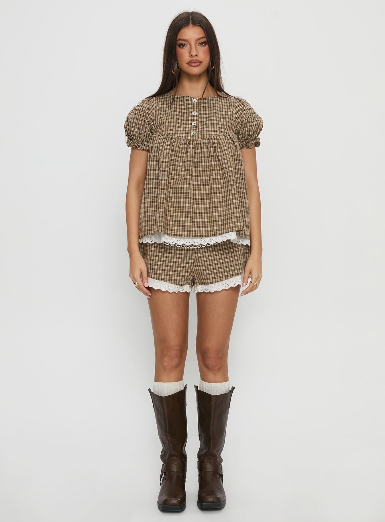Chandelier Mini Lace Trim Shorts Brown Check - Image 7