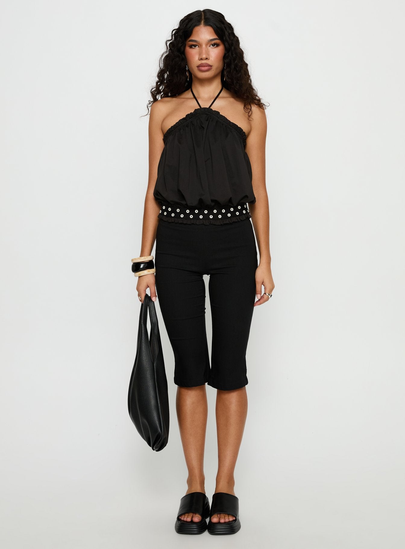 Mikki Tie Neck Button Detail Top Black - Image 7