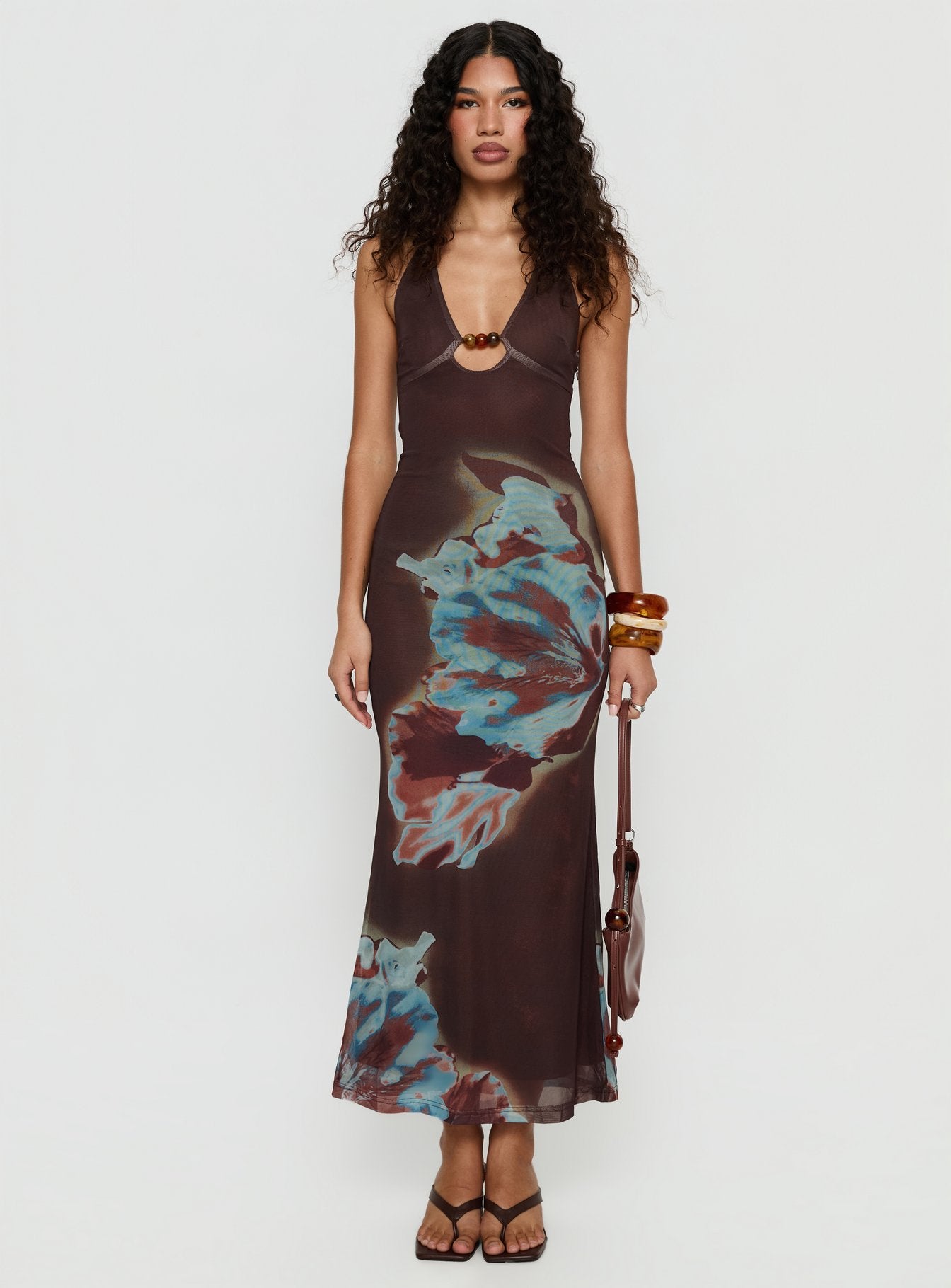 Maritsa Halter Beaded Maxi Dress Brown Floral - Image 7