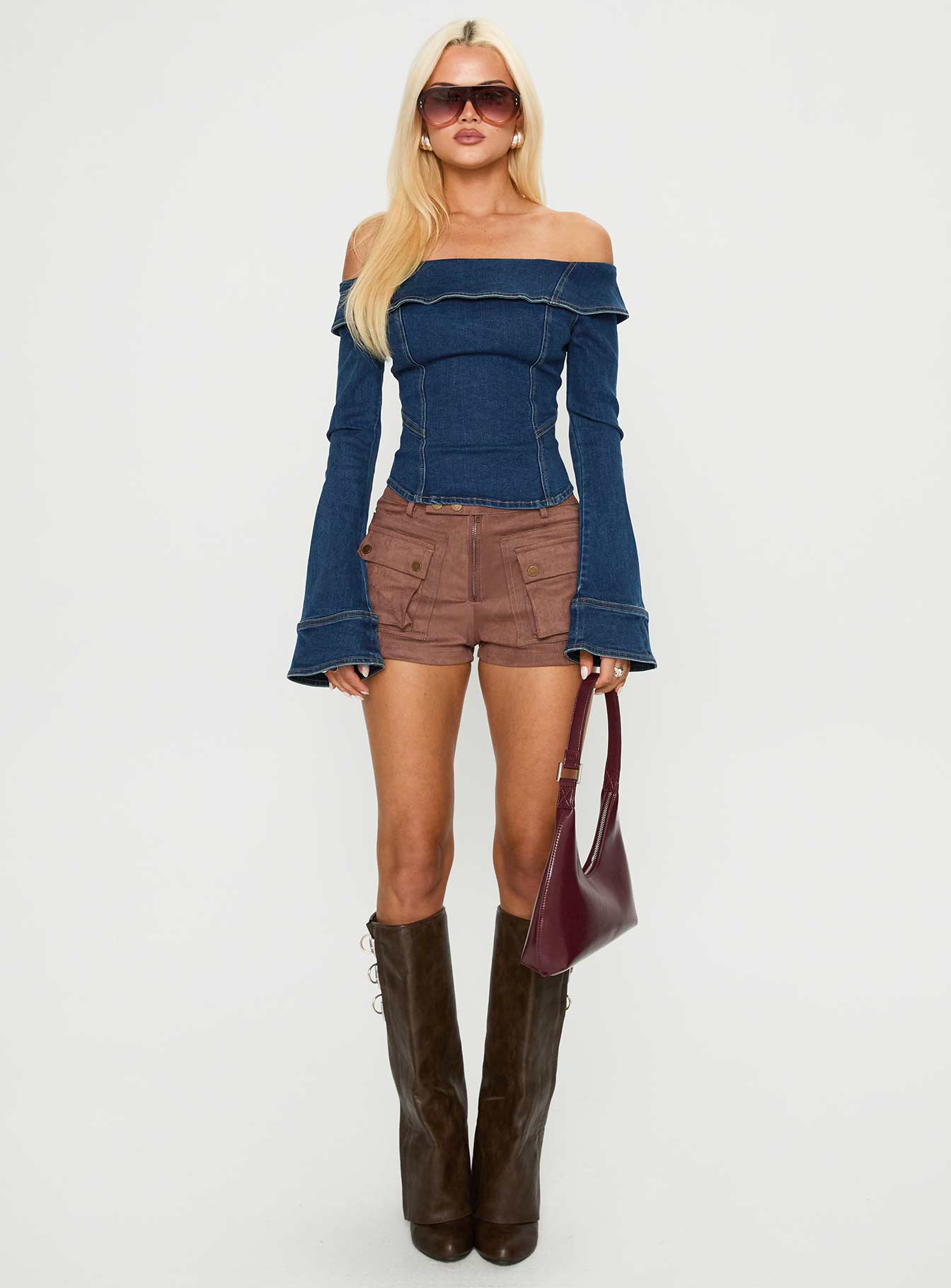 In The Crowd Off Shoulder Top Dark Denim - Image 7