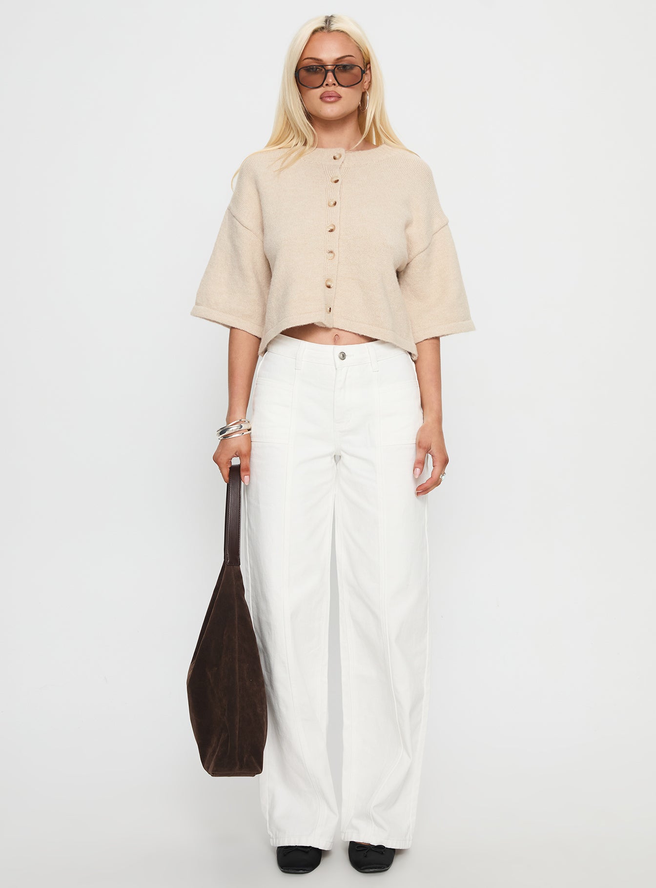 Verina Short Sleeve Knit Cardigan Oat - Image 7