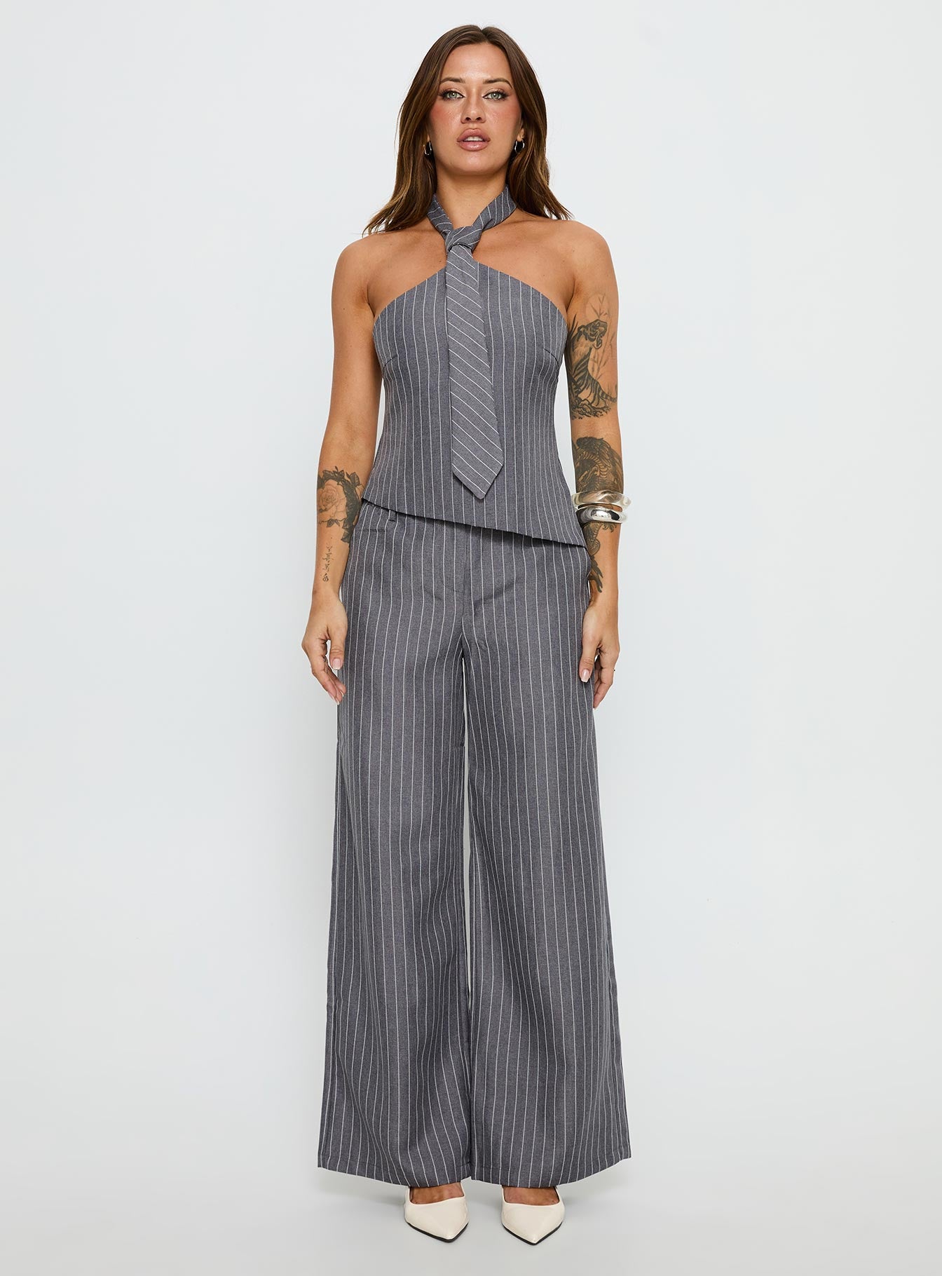 Uvelia Tie Detail Top Grey Pinstripe - Image 7