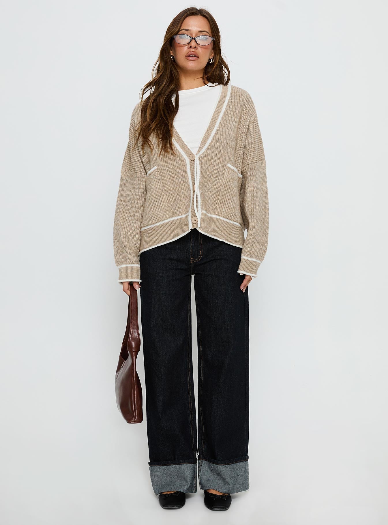 Cressara Contrast Knit Cardigan Beige White - Image 7