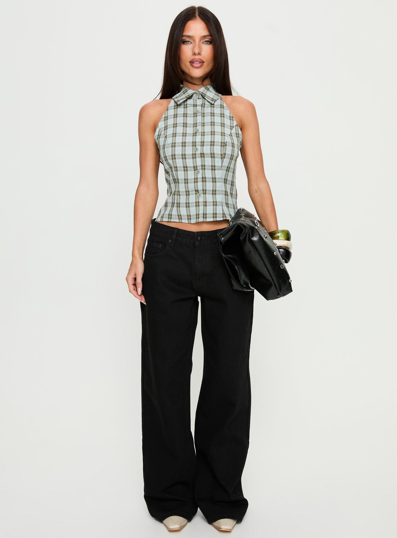 Daleia Sleeveless Collared Top Blue Check - Image 6