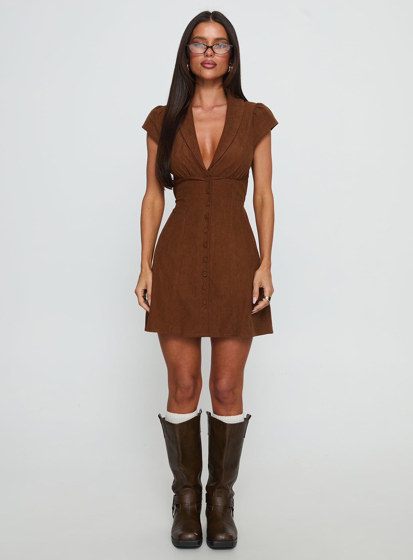 Magdalene Corduroy Button Down Mini Dress Chocolate - Image 7