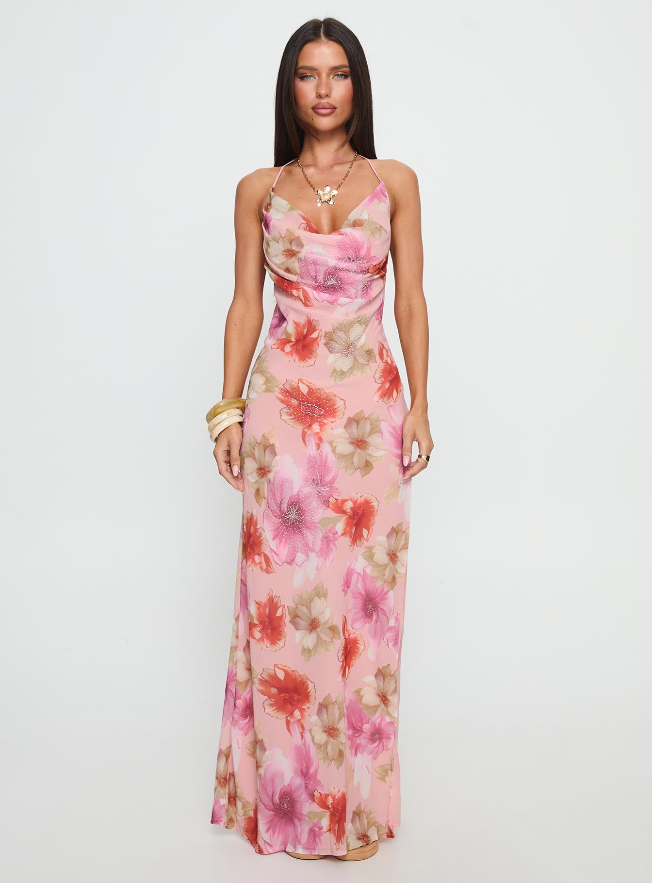 Sibellah Beaded Cowl Neck Maxi Dress Pink Multi - Image 7