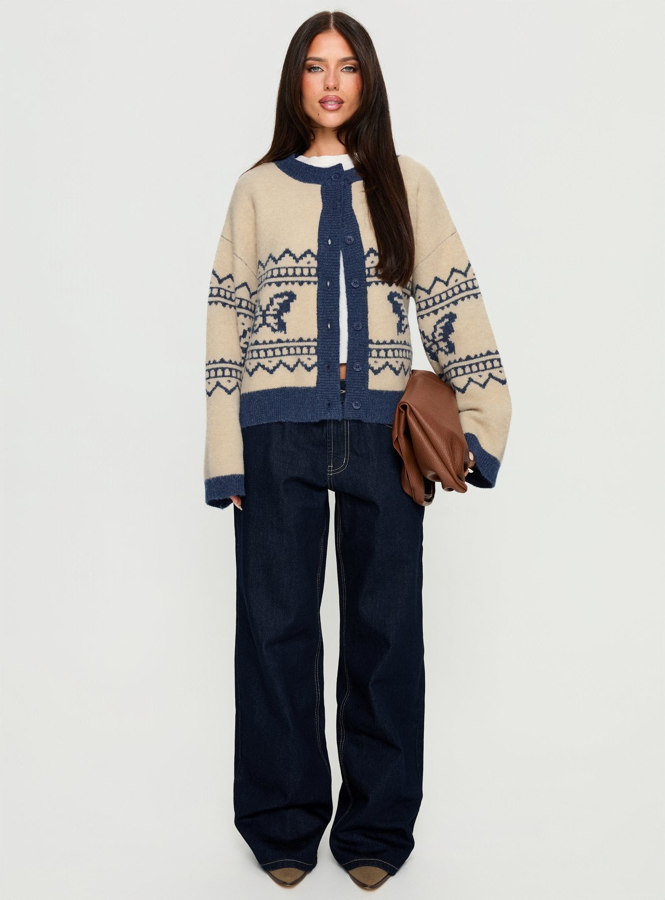Wynoni Alpine Knit Cardigan Beige Navy - Image 6