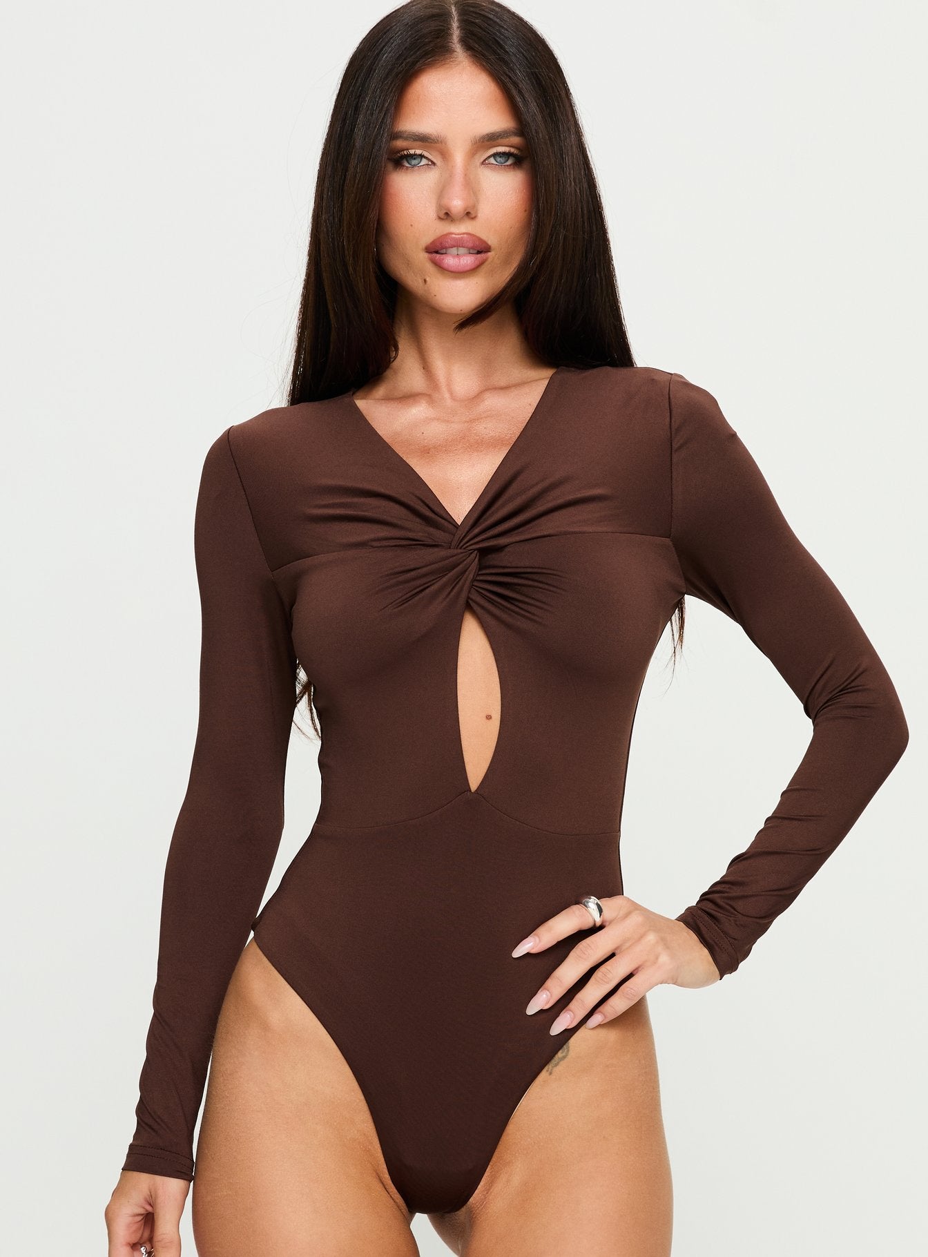 Vennie Twist Front Long Sleeve Bodysuit Brown - Image 6
