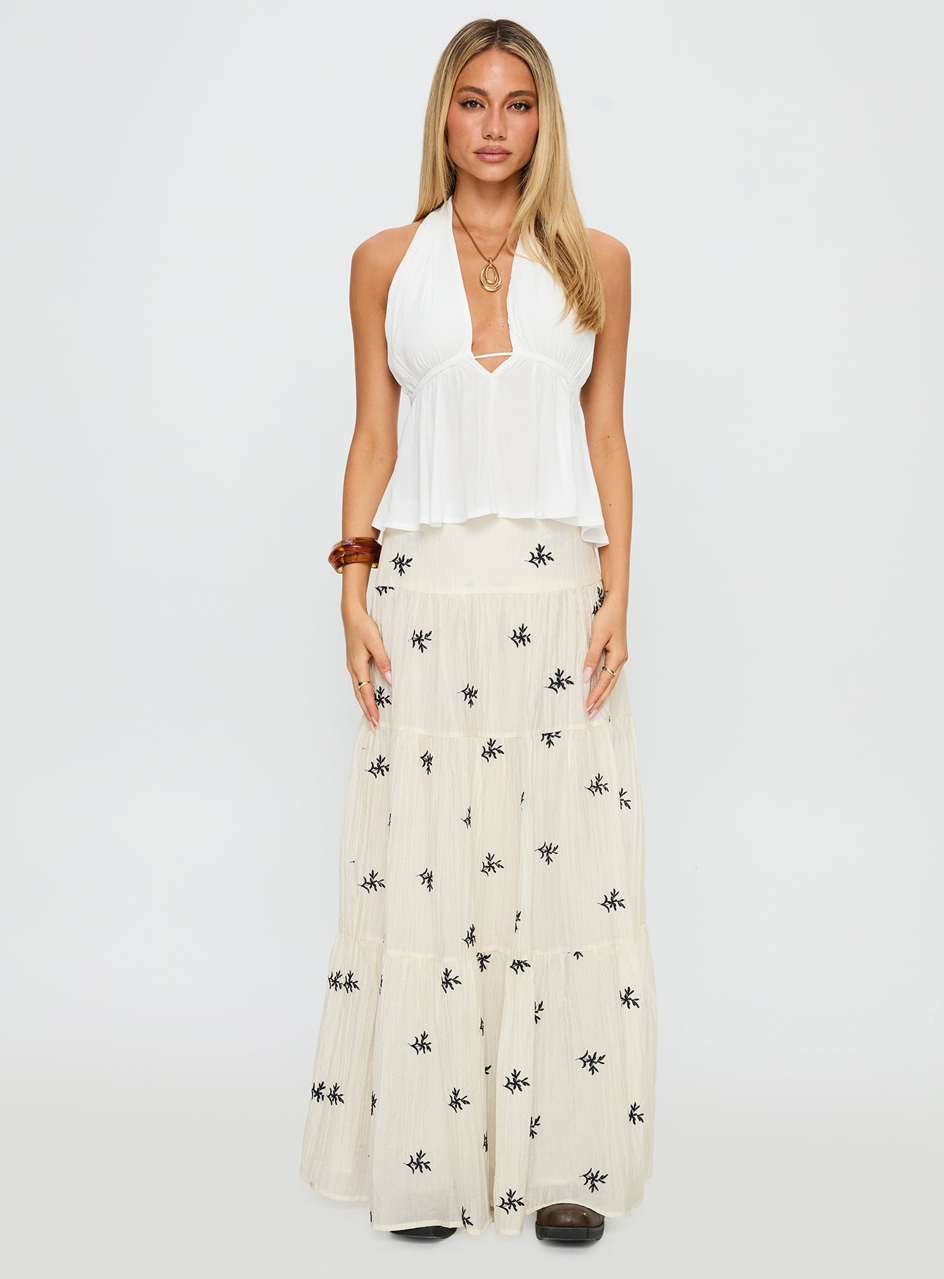 Cinnamon Embroidered Maxi Skirt Cream Navy - Image 7