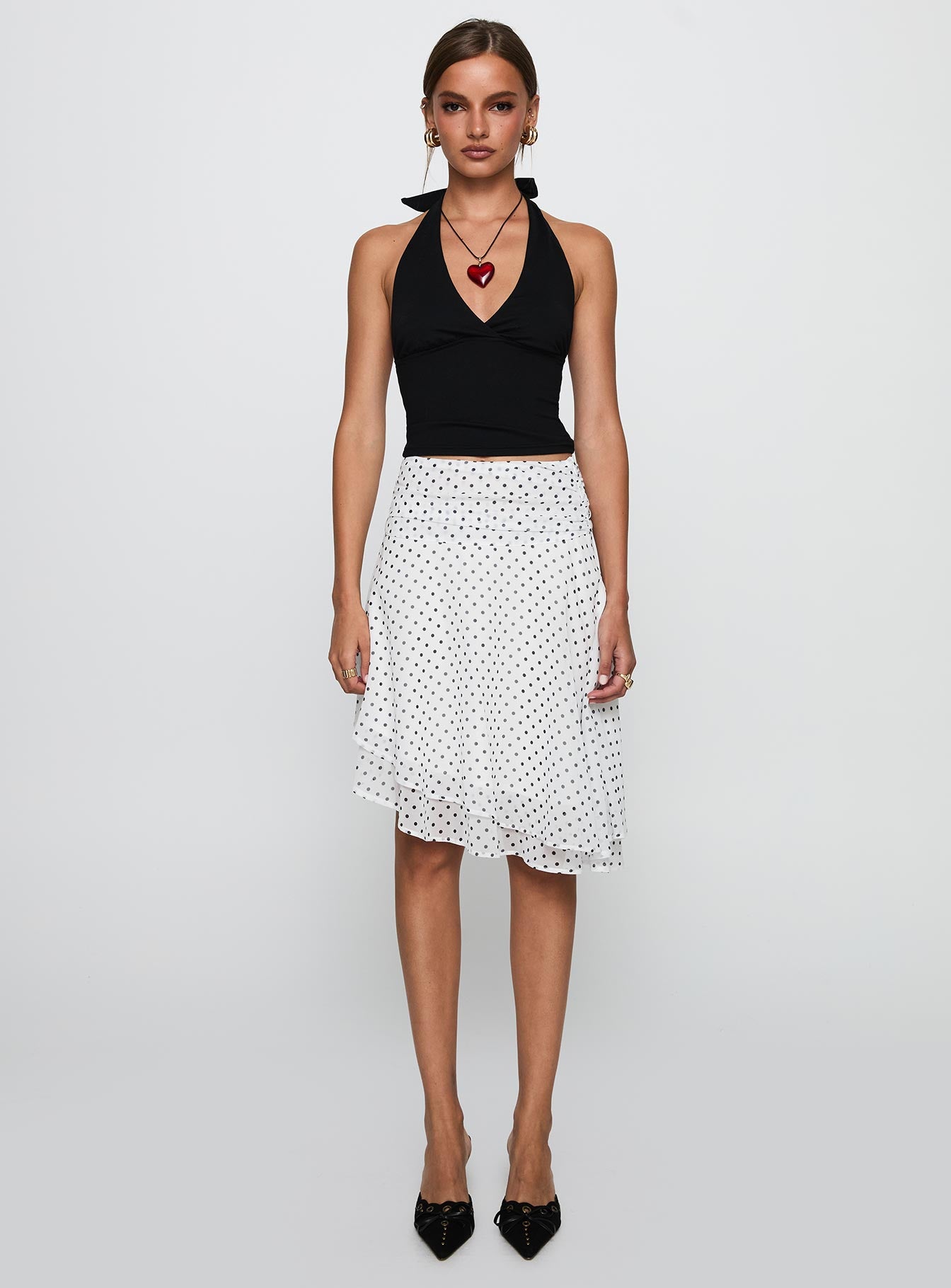 Evanescence Asymmetrical Midi Skirt White Polka Dot - Image 7