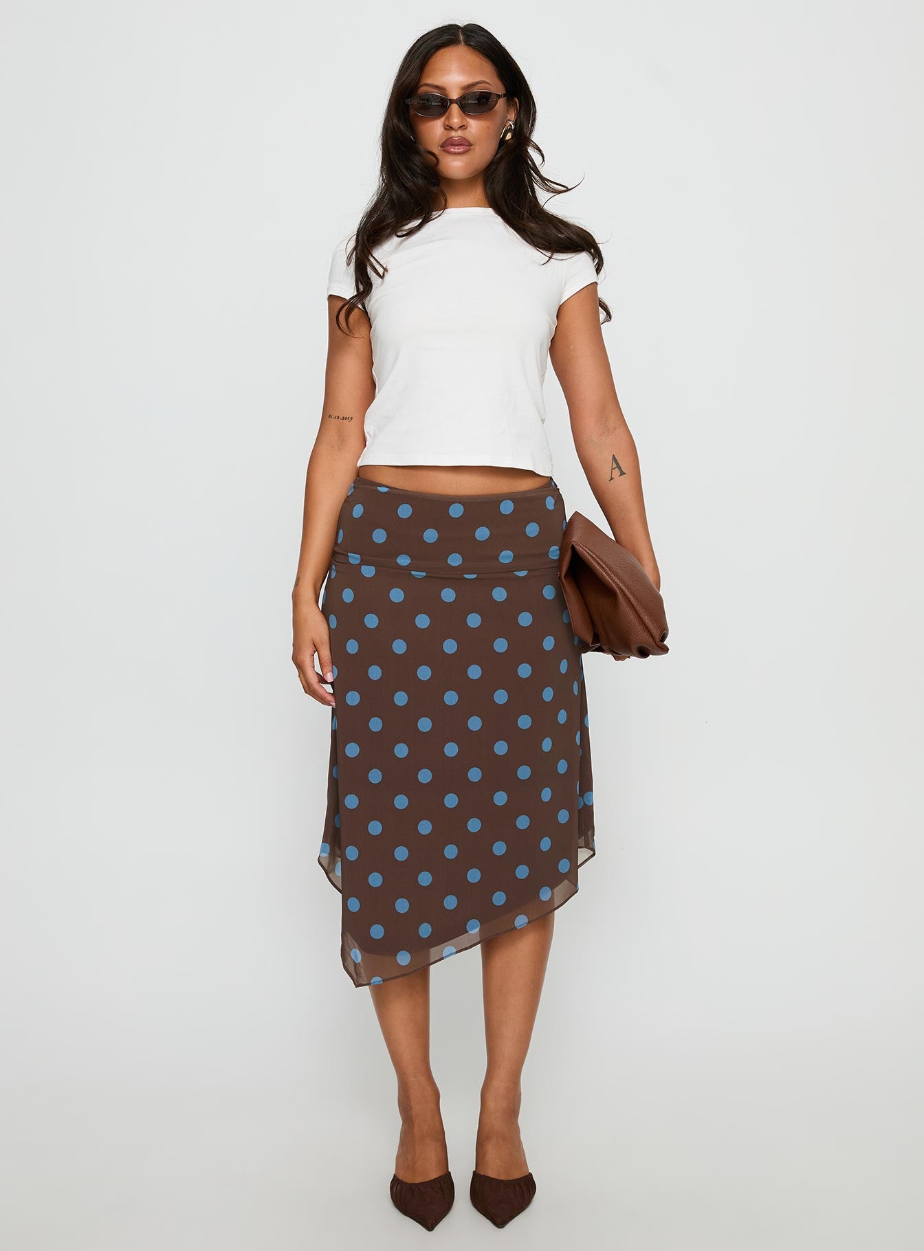 Daphene Asymmetrical Midi Skirt Brown Blue Polka Dot - Image 7