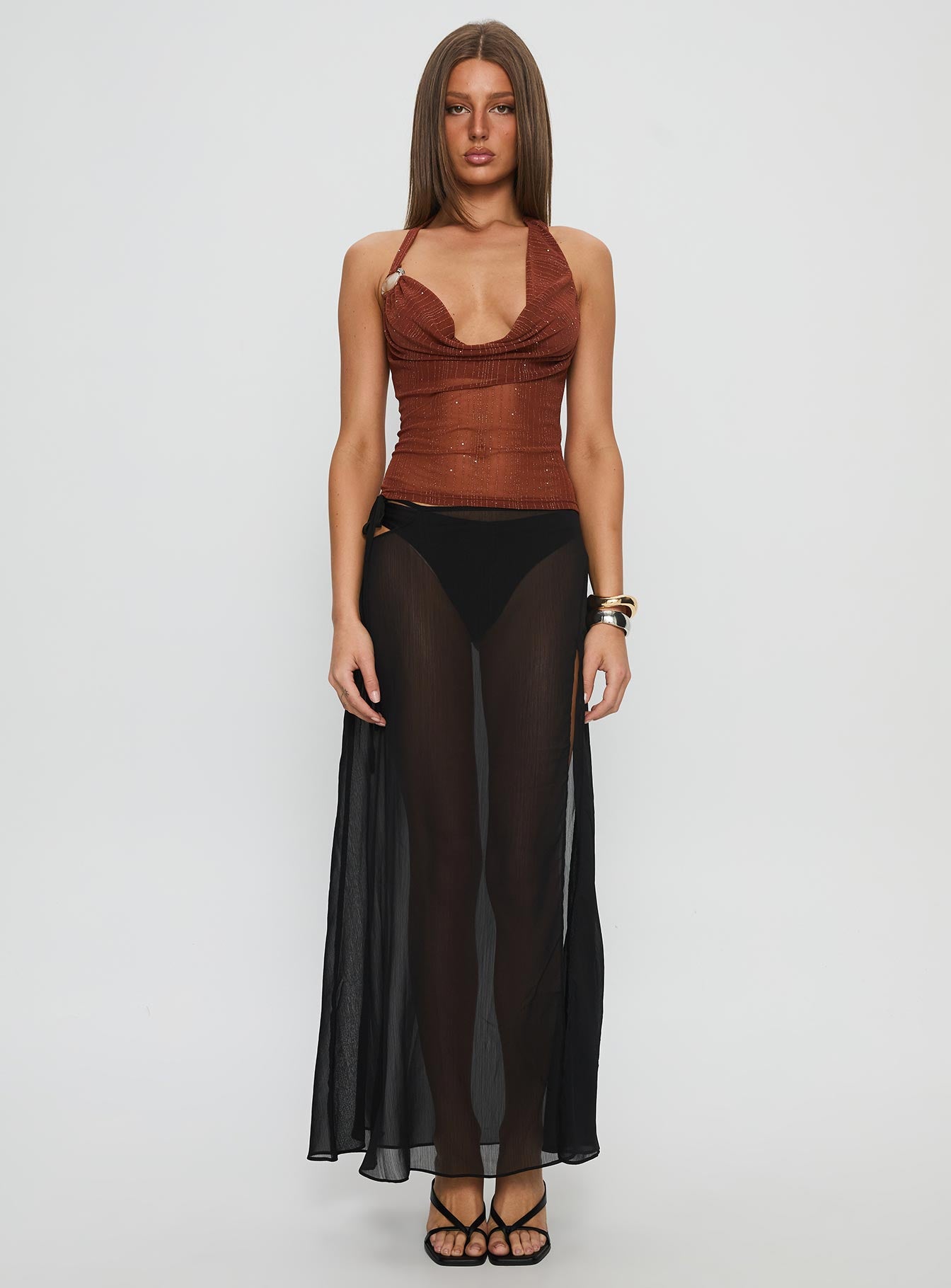 Victorina Hardware Detail Cowl Neck Top Brown - Image 7