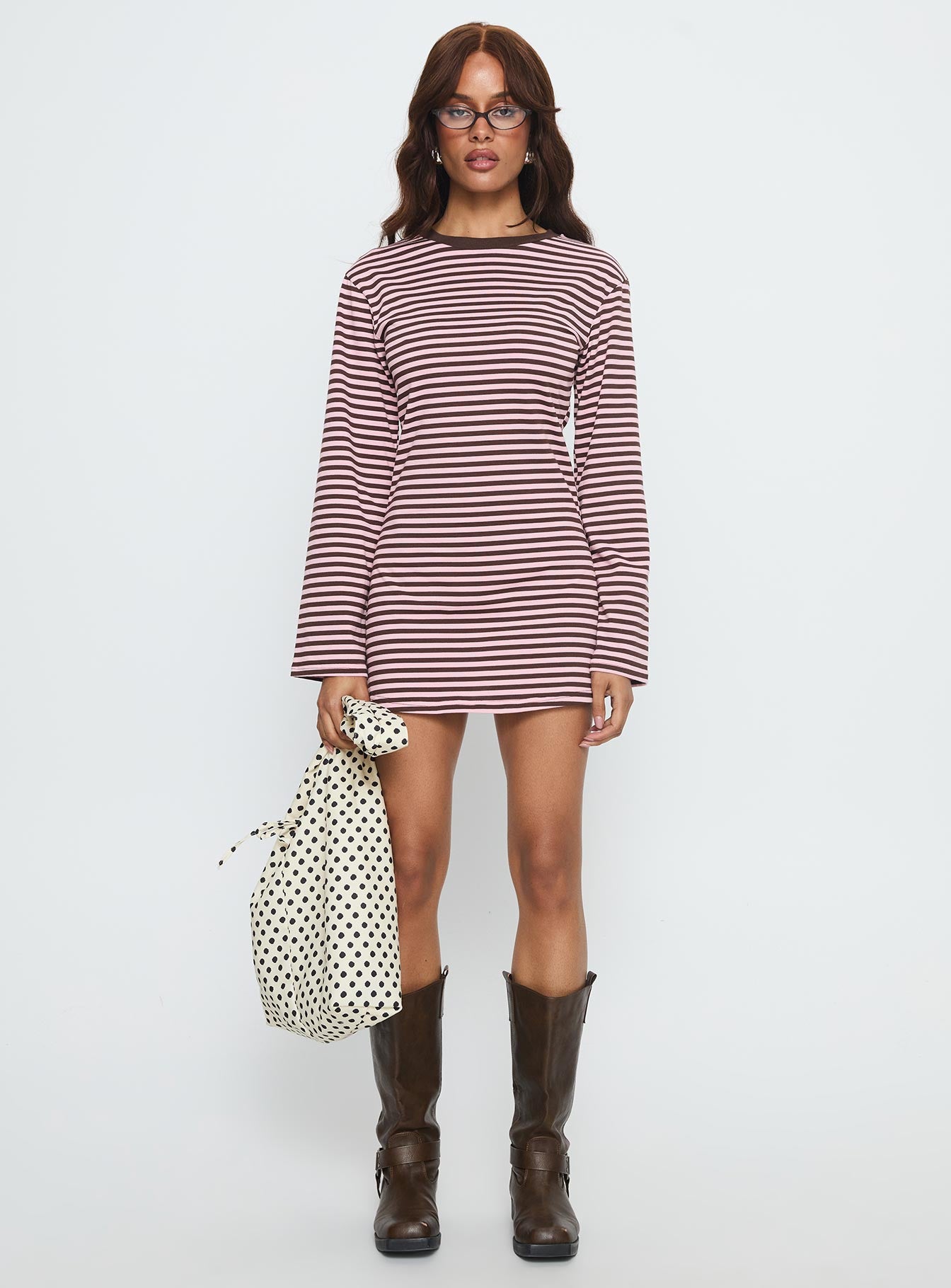 Lulolah Long Sleeve Mini Dress Chocolate Pink Stripe - Image 6