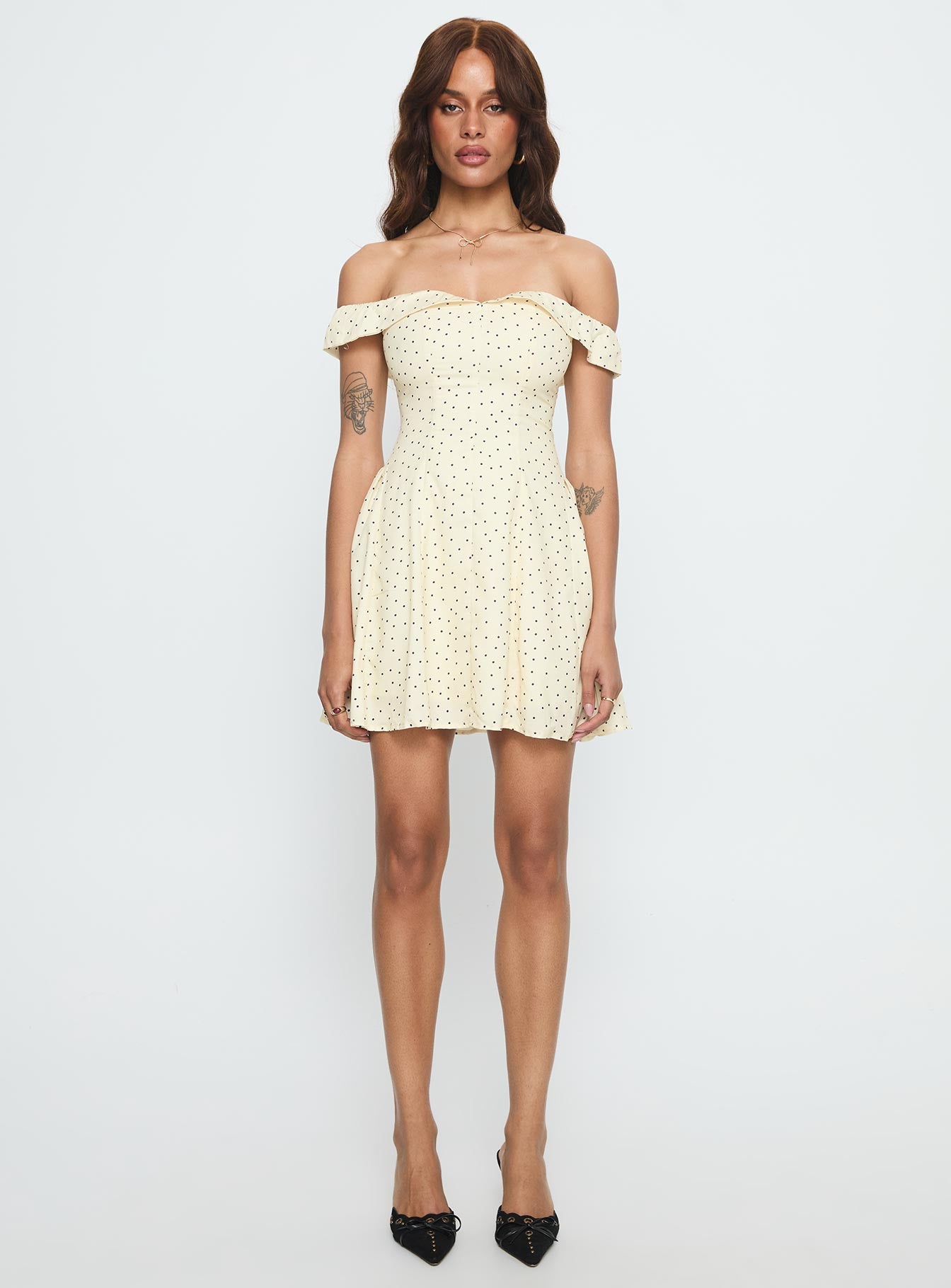 Rosebud Off The Shoulder Mini Dress Yellow Polka Dot - Image 6
