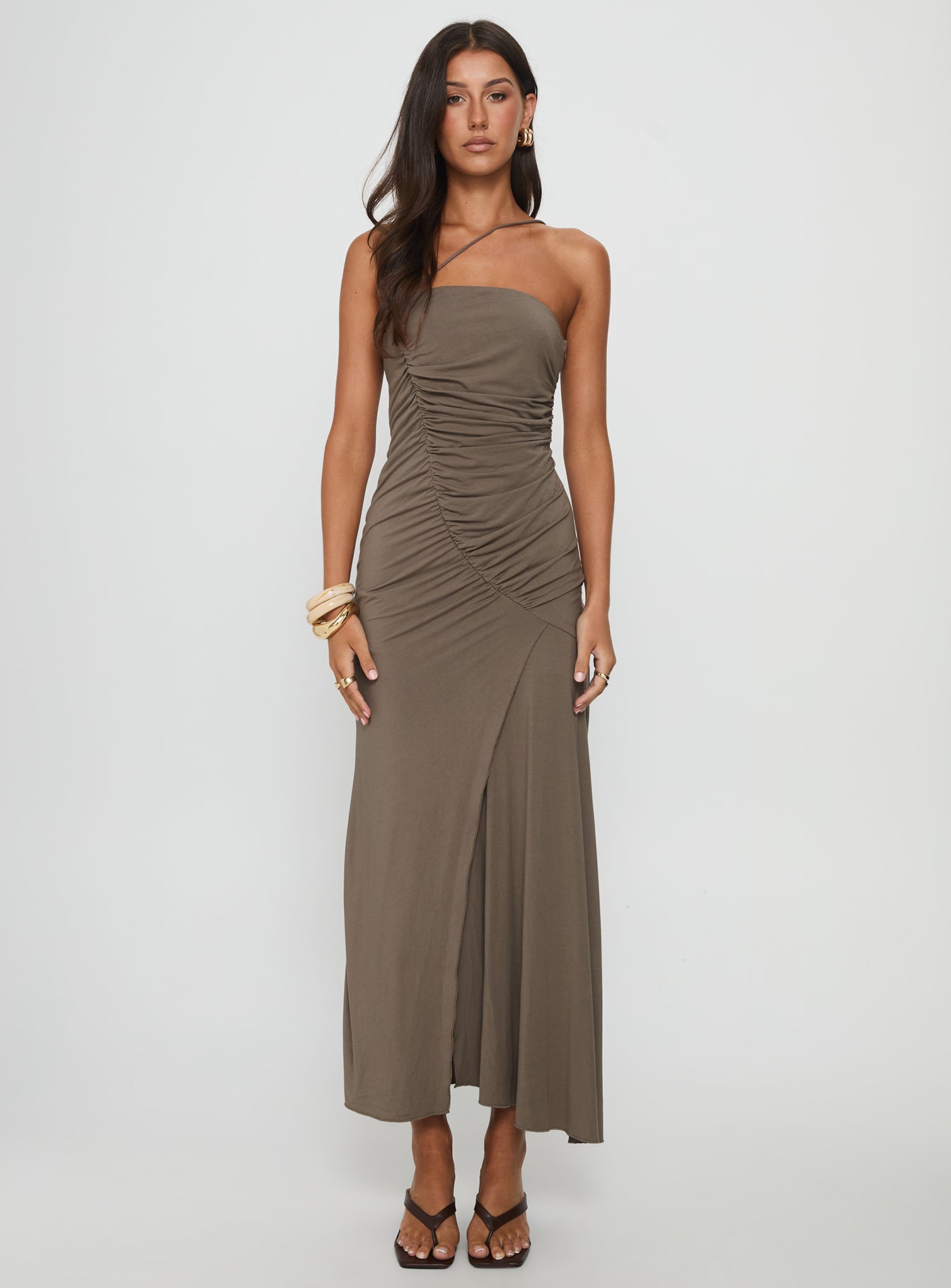 Romanie One Shoulder Ruched Maxi Dress Taupe - Image 6
