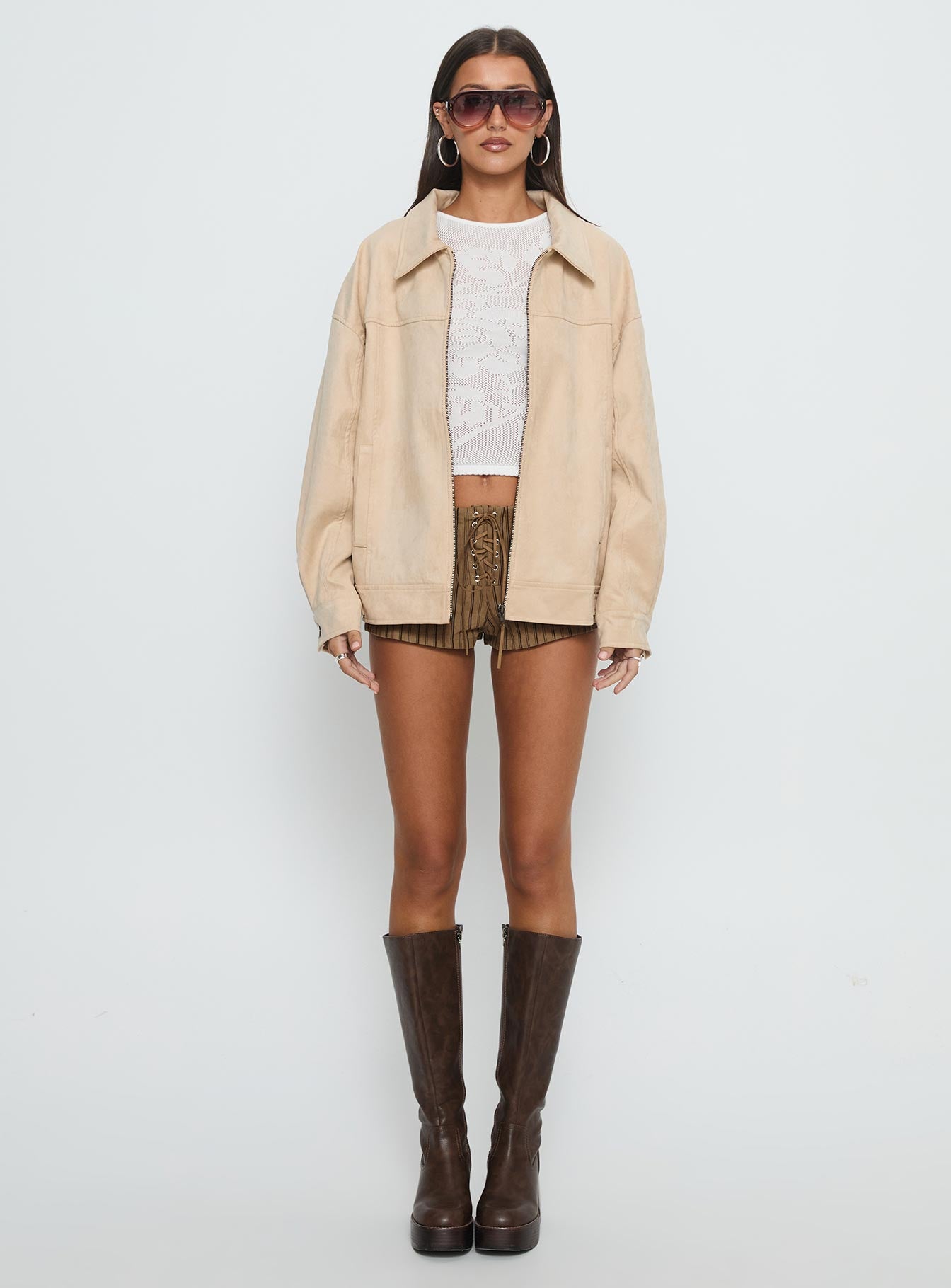 Goldsmith Faux Suede Bomber Jacket Beige - Image 7