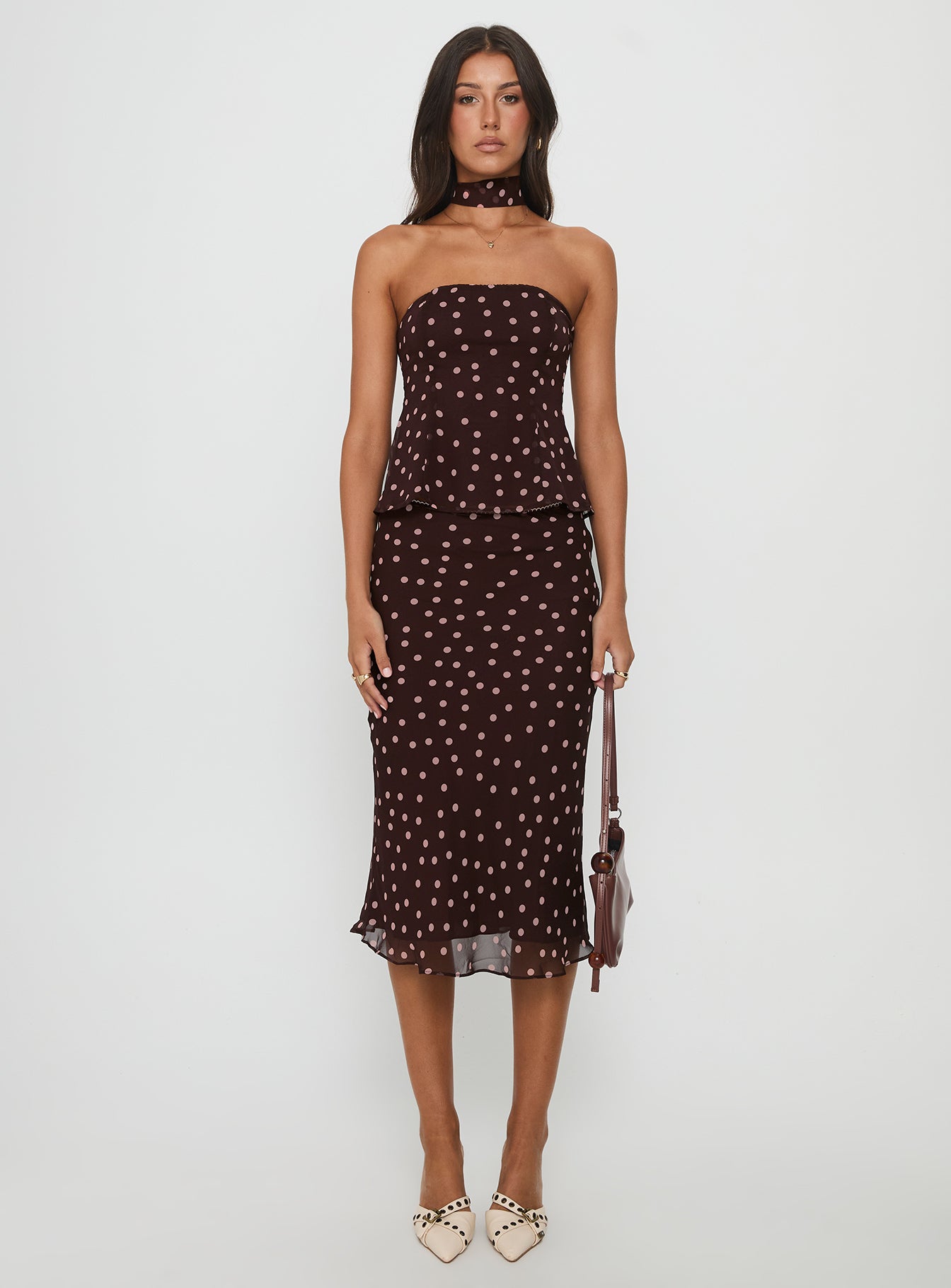 Sydni Midi Bias Cut Skirt Chocolate Pink Polka - Image 7