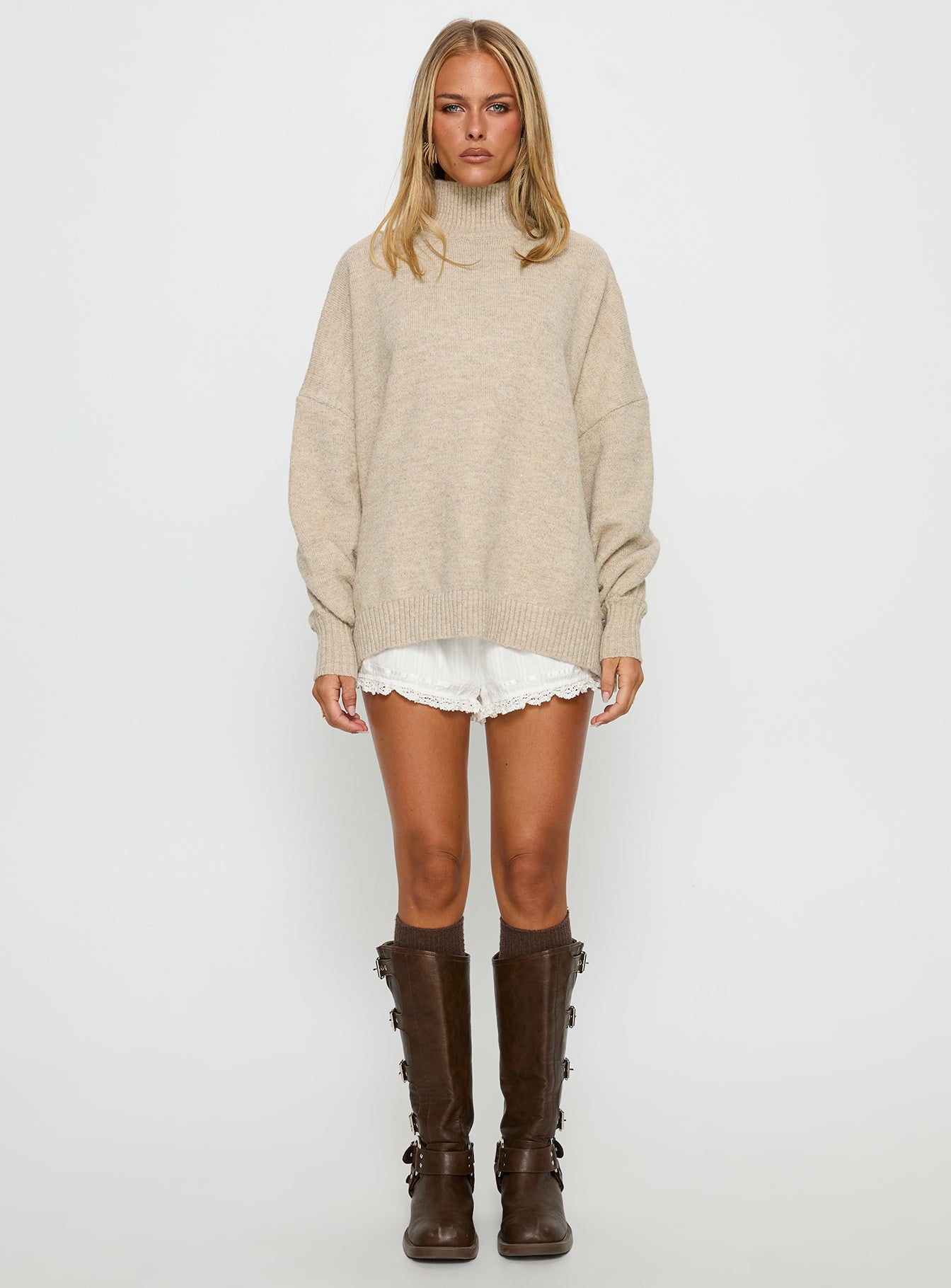 Patrizia Funnel Neck Knit Sweater Beige - Image 7