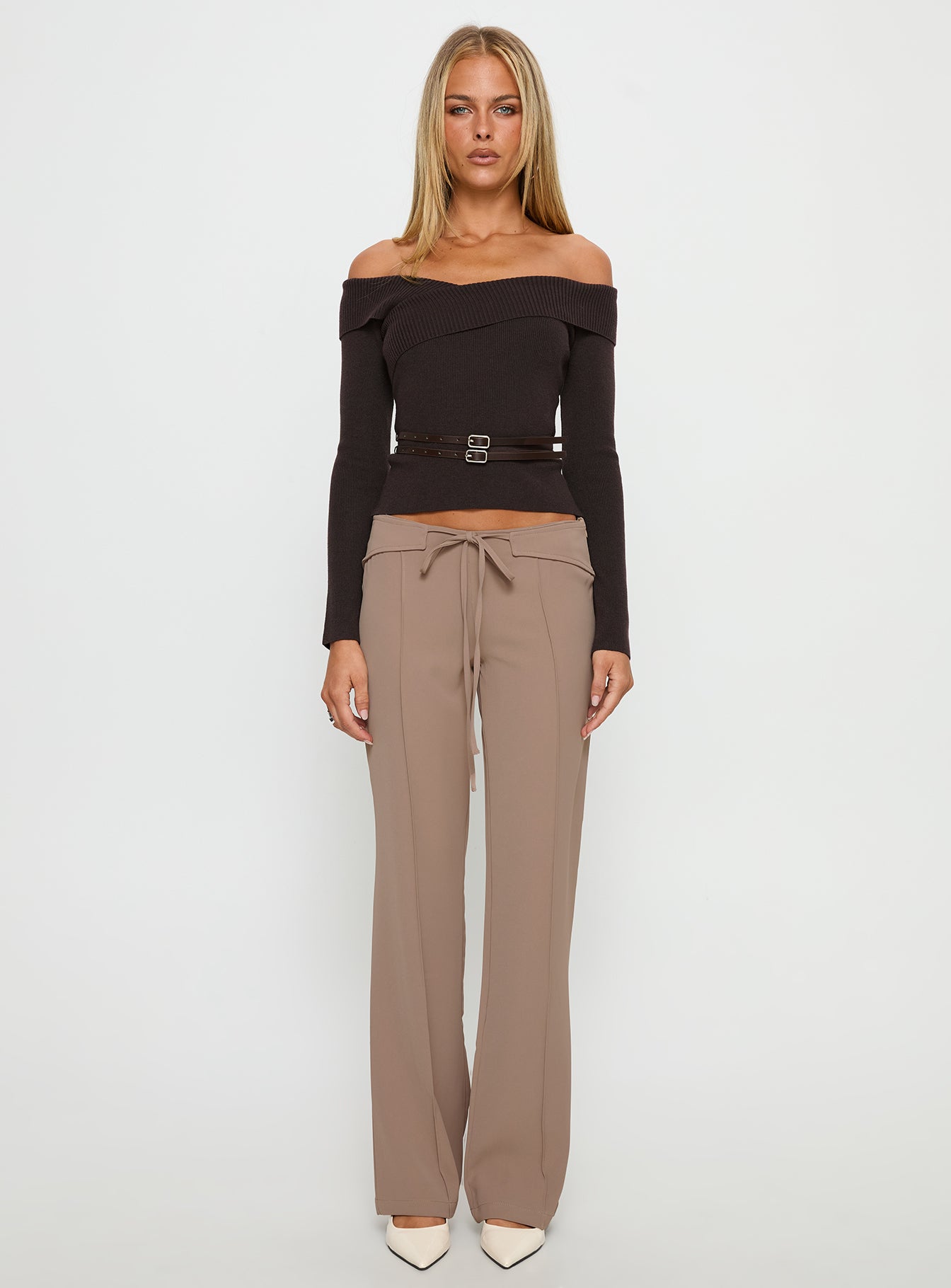 Ellenore Belt Detail Off Shoulder Top Brown - Image 7