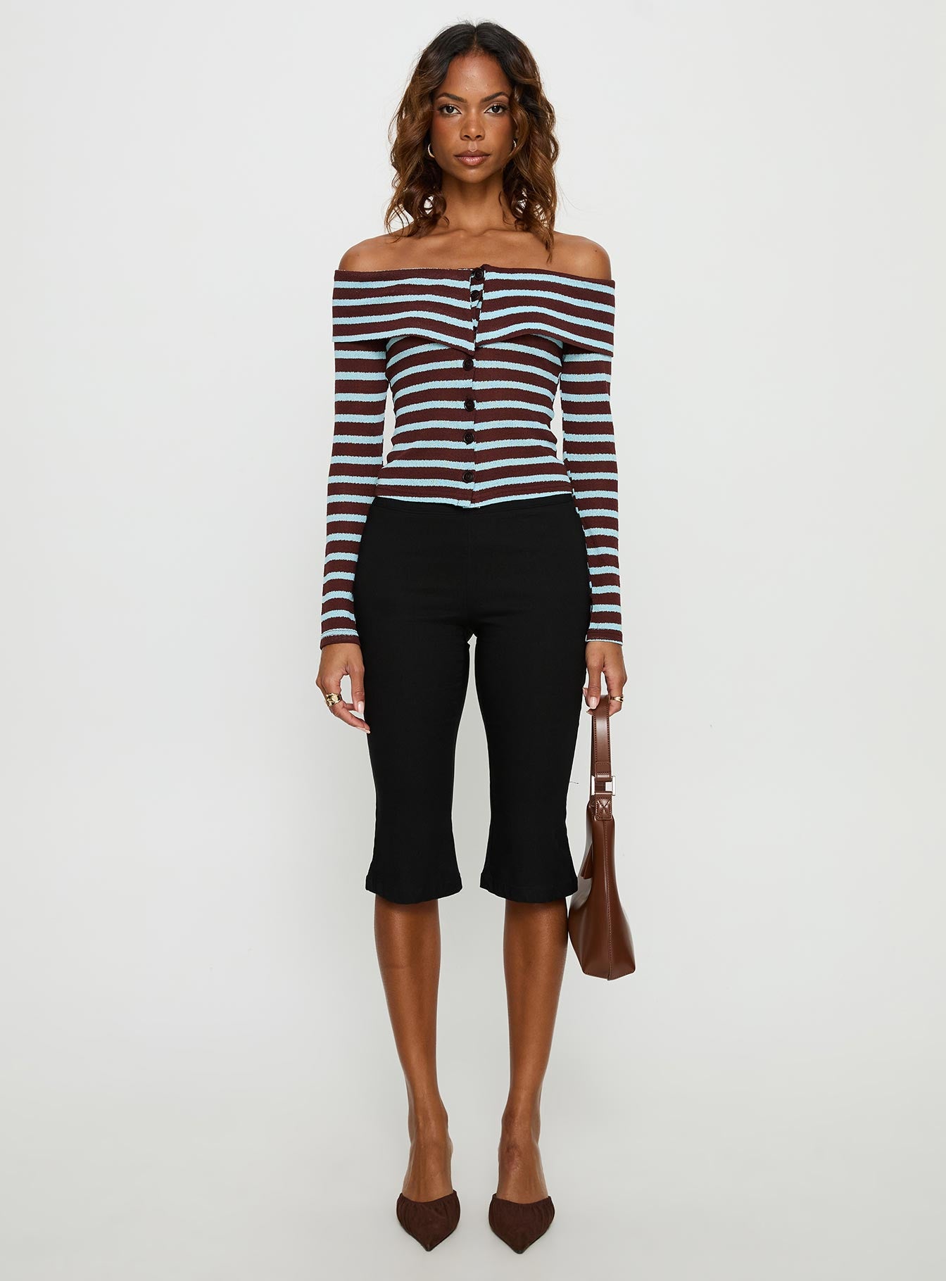 Raelena Off Shoulder Long Sleeve Top Blue Brown Stripe - Image 6