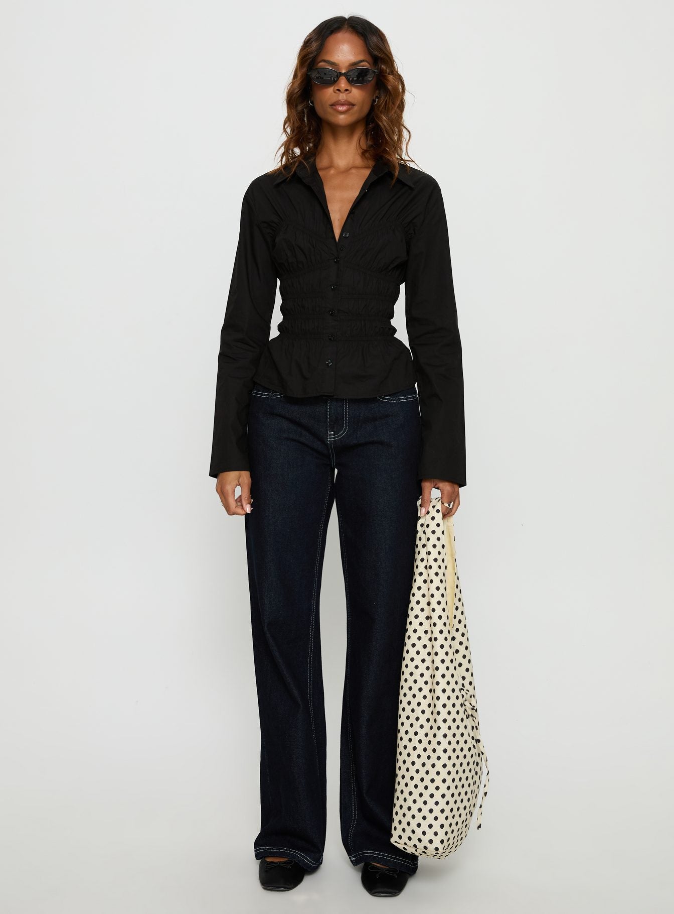 Liesel Shirred Long Sleeve Top Black - Image 7