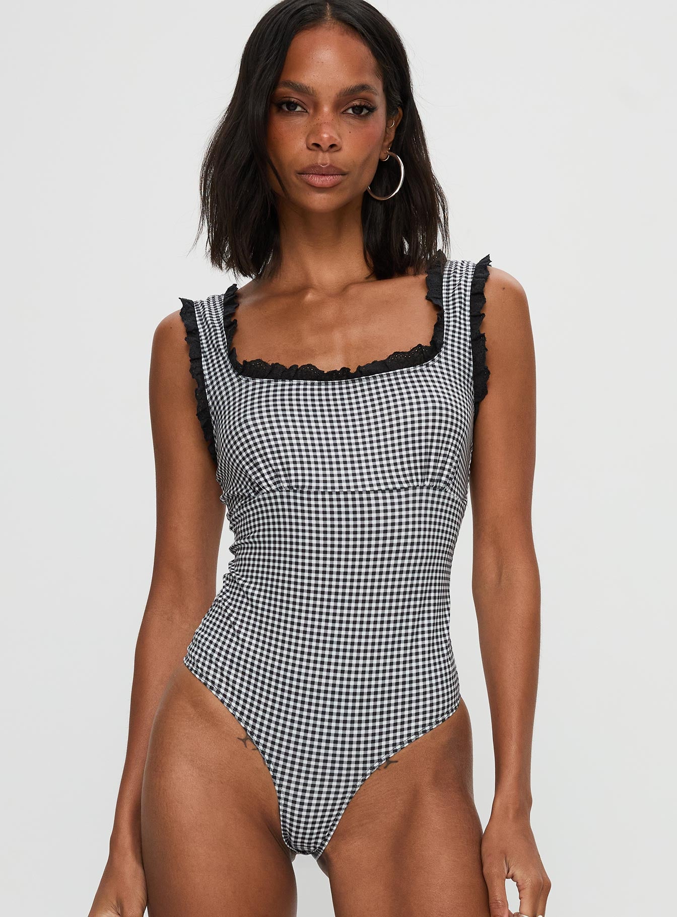 Trustfund Lace Trim Bodysuit Black White Check - Image 7