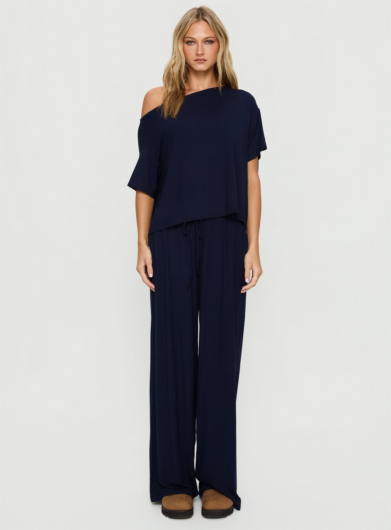 Cozy Hour Sleep Relaxed Off Shoulder Top Navy - Image 7