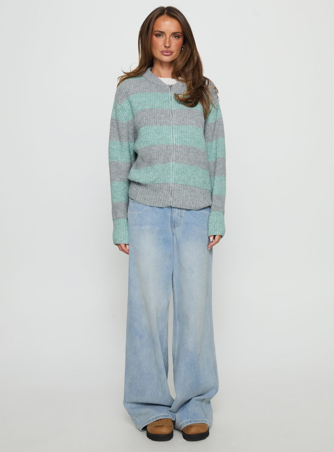 Queena Zip Through Knit Sweater Grey Blue Stripe - Image 7