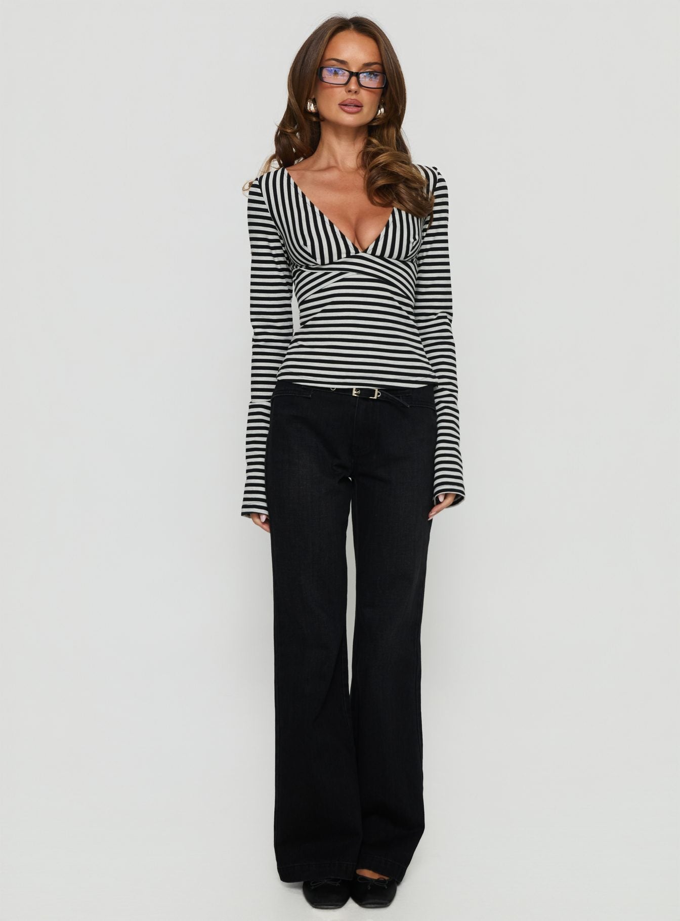 Madelon Long Sleeve Wrap Top Black Grey Stripe - Image 7