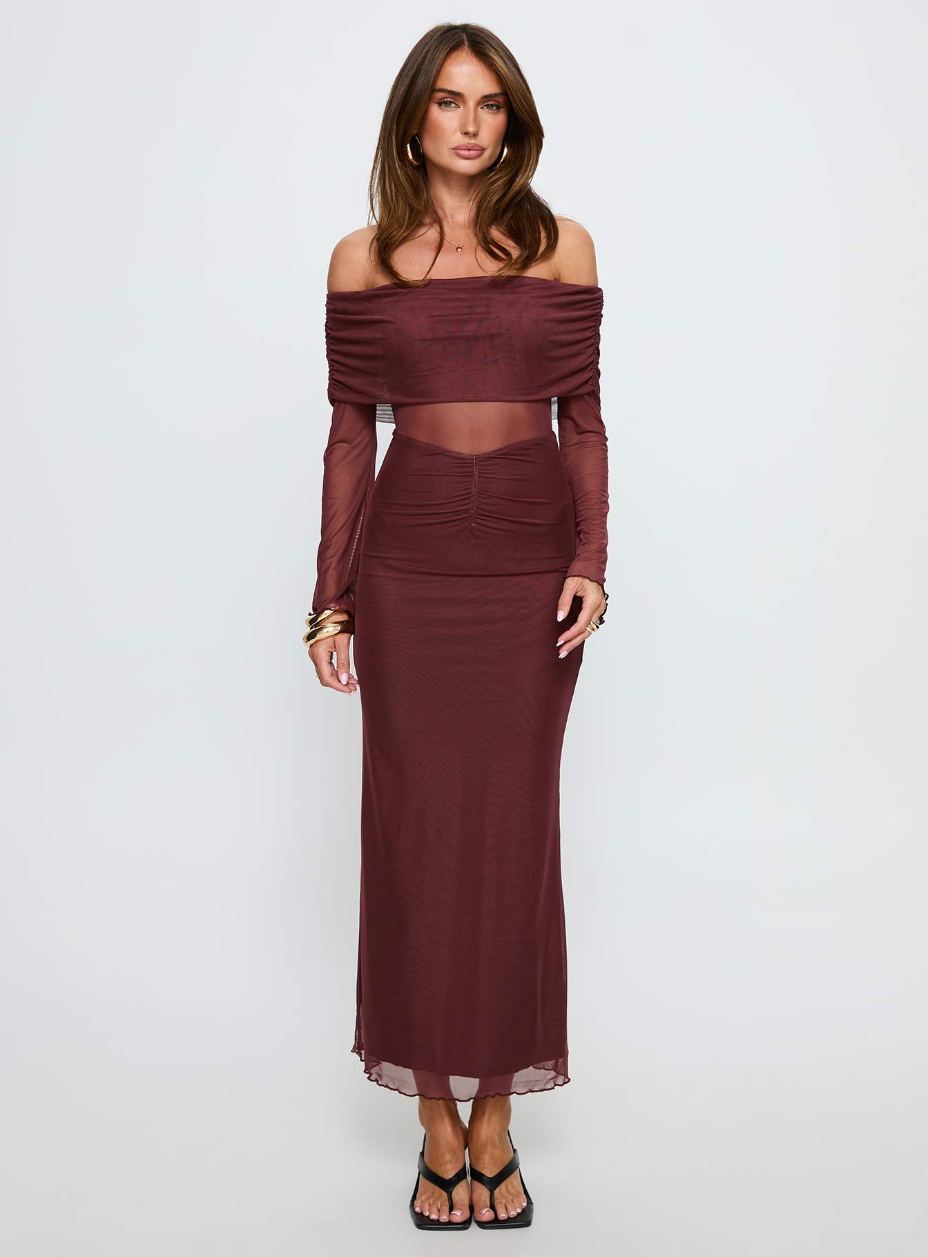 Velouria Off Shoulder Long Sleeve Maxi Dress Brown - Image 7