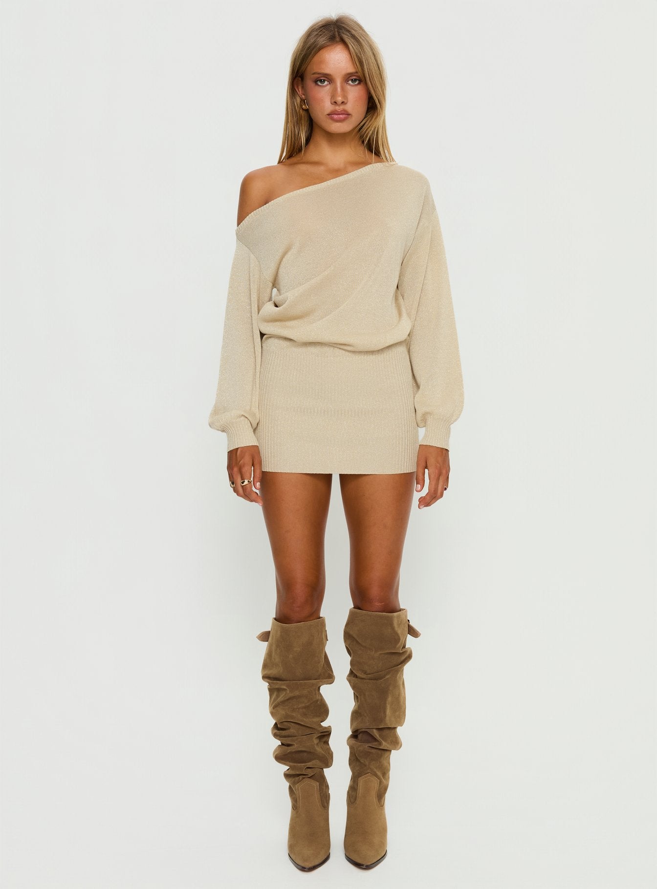 Johannah Off Shoulder Long Sleeve Knit Mini Dress Gold - Image 7